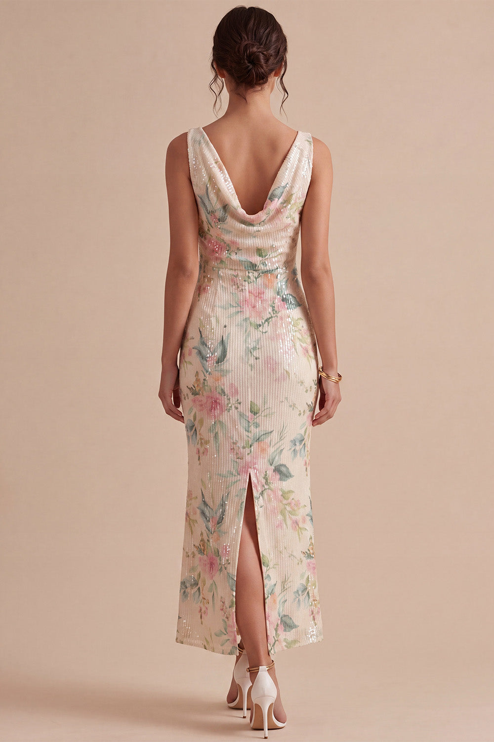 White Pink Flower Cowl Neck Mermaid Sequins Midi Dress with Slit