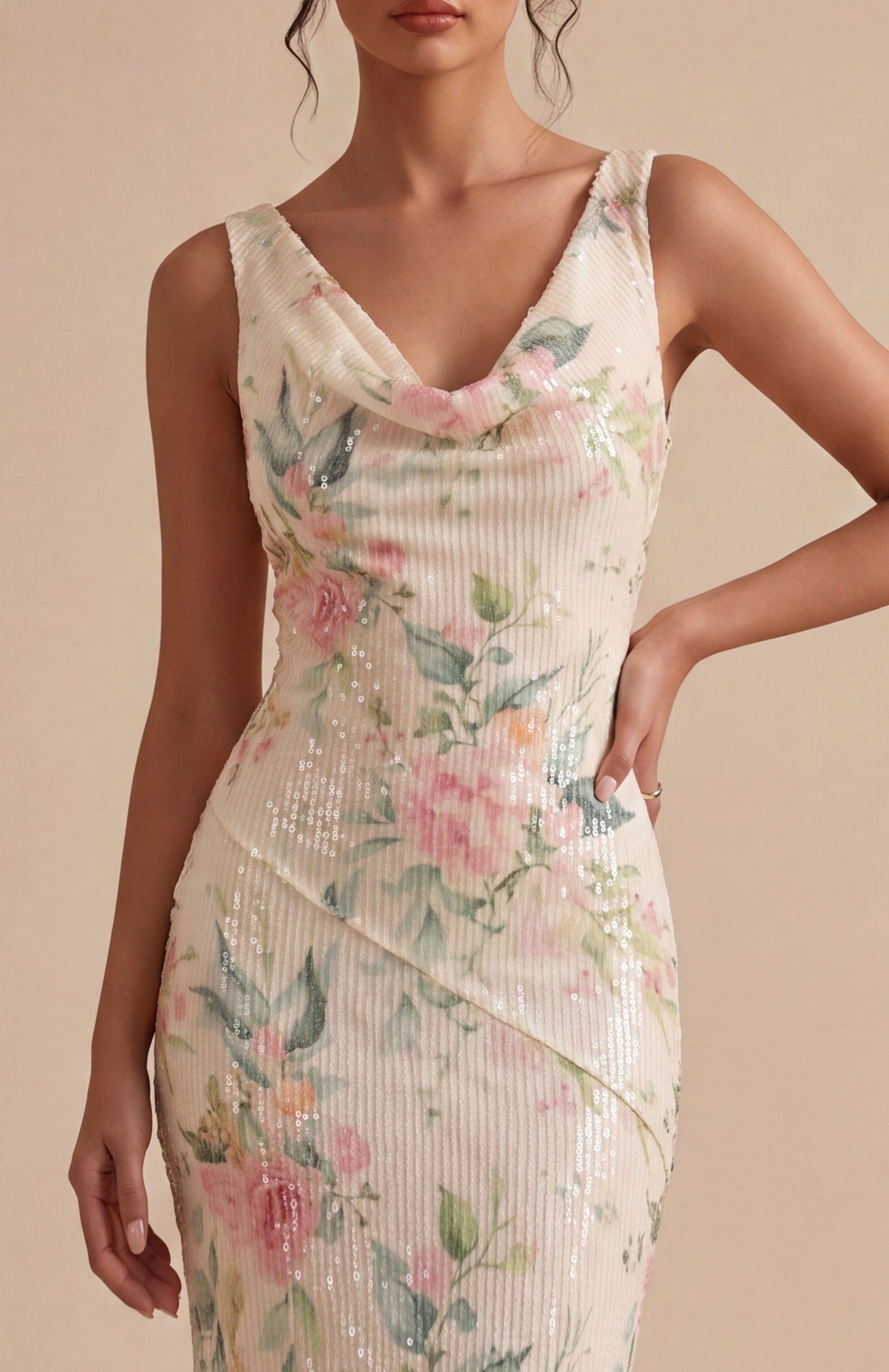 White Pink Flower Cowl Neck Mermaid Sequins Midi Dress with Slit