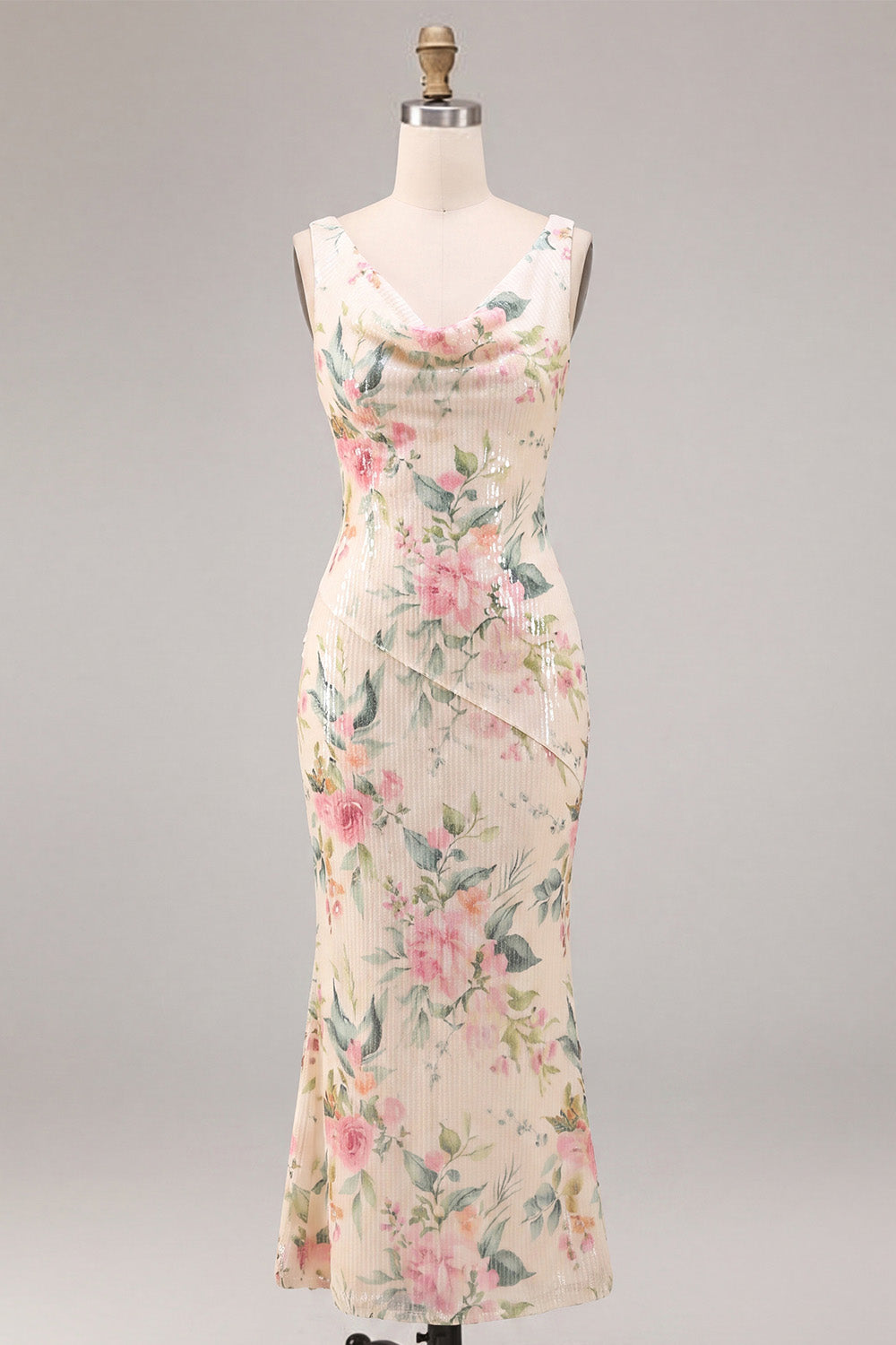 White Pink Flower Cowl Neck Mermaid Sequins Midi Dress with Slit