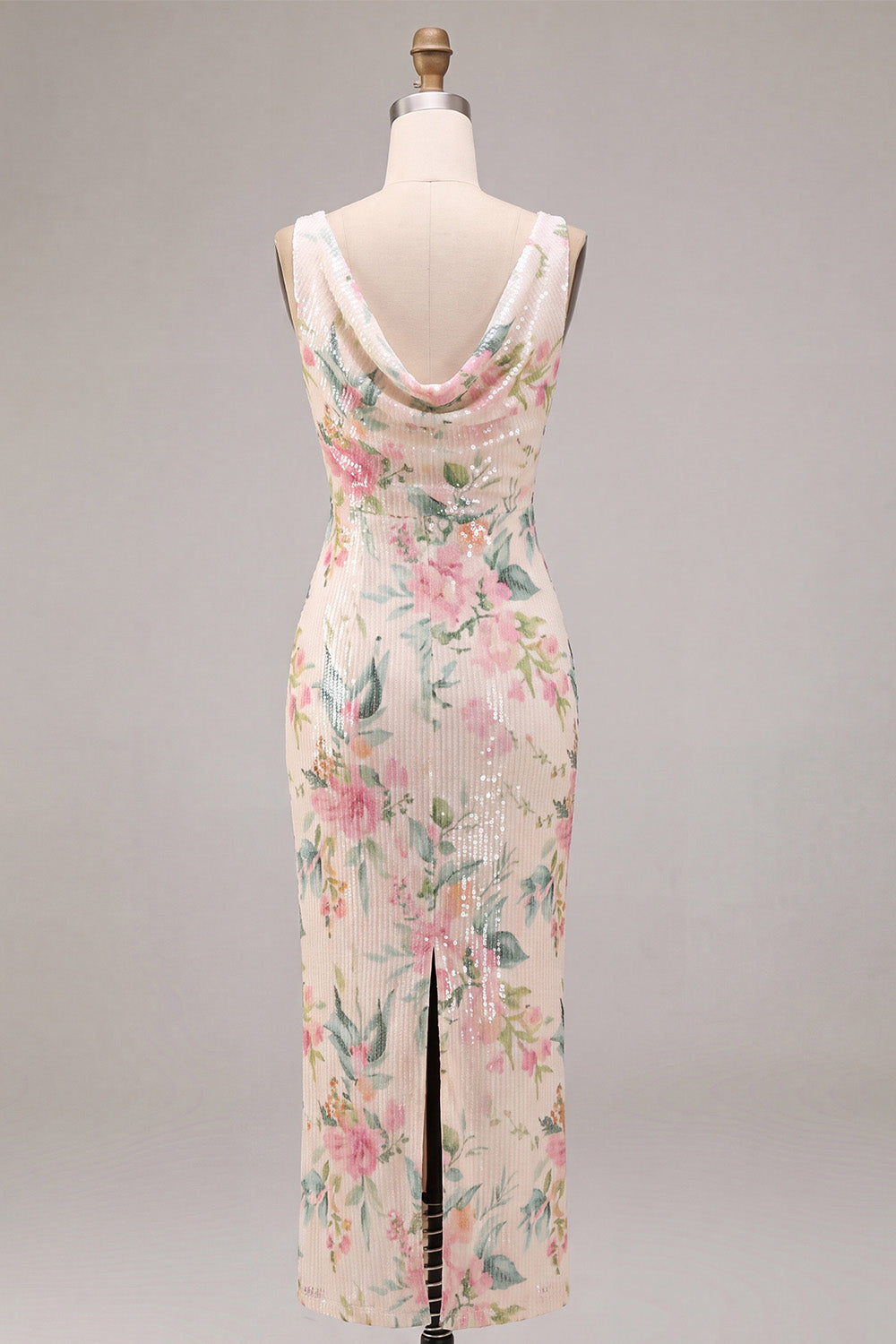 White Pink Flower Cowl Neck Mermaid Sequins Midi Dress with Slit