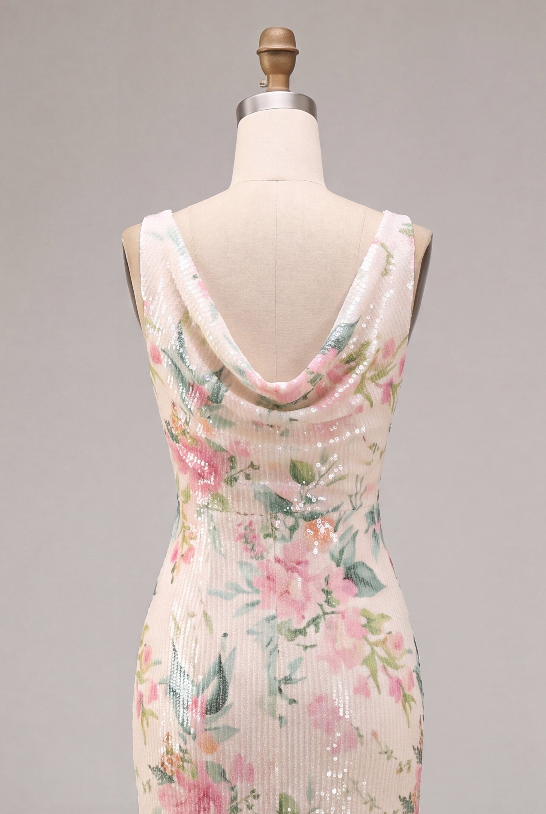 White Pink Flower Cowl Neck Mermaid Sequins Midi Dress with Slit