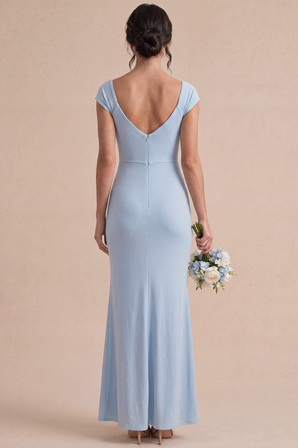 Sky Blue Mermaid Ruched Cowl Neck Maxi Dress