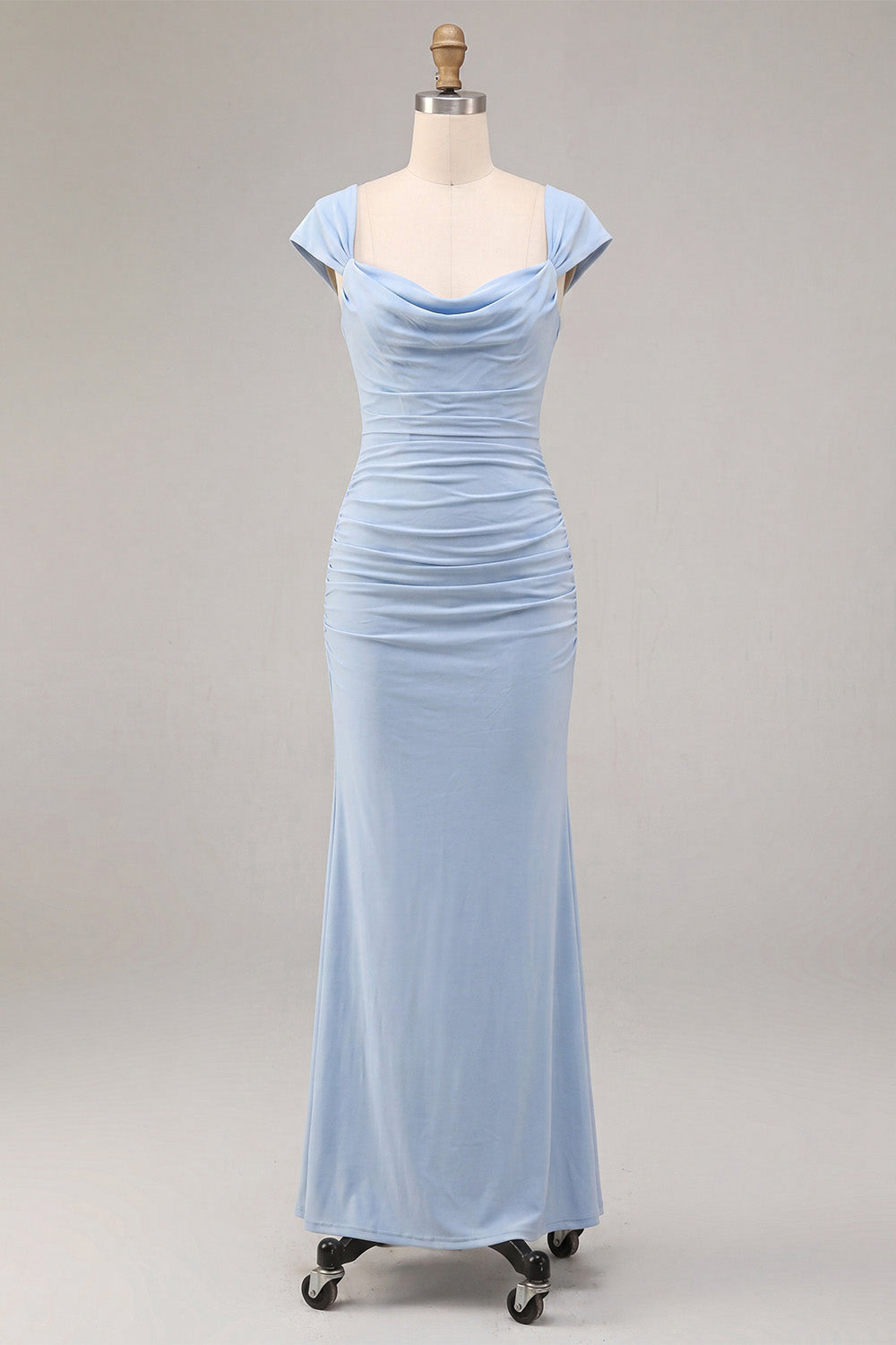 Sky Blue Mermaid Ruched Cowl Neck Maxi Dress