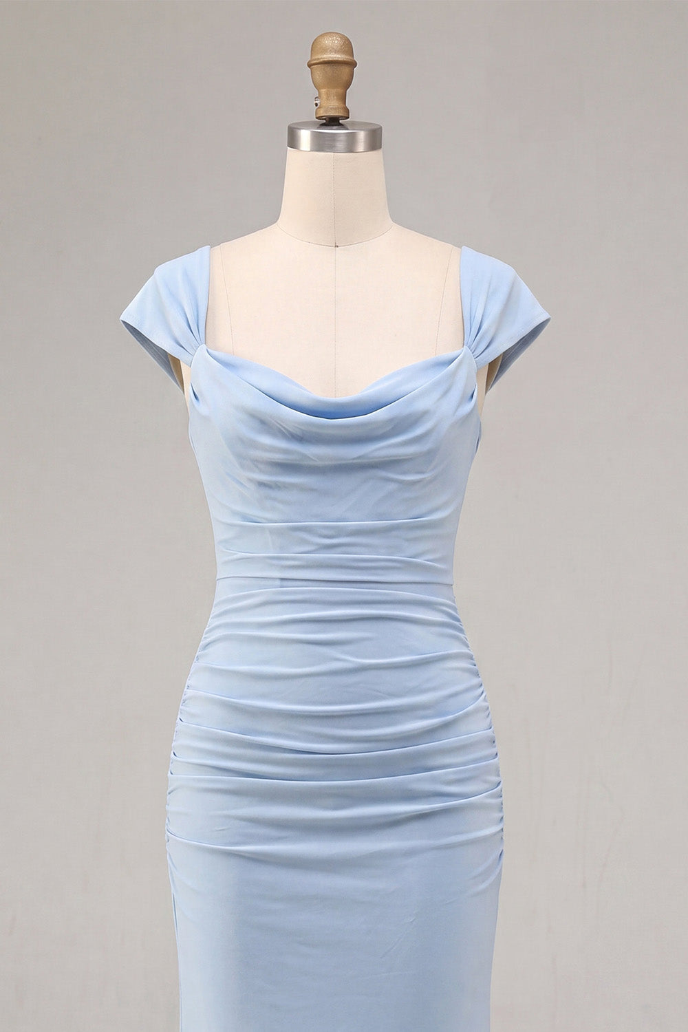 Sky Blue Mermaid Ruched Cowl Neck Maxi Dress
