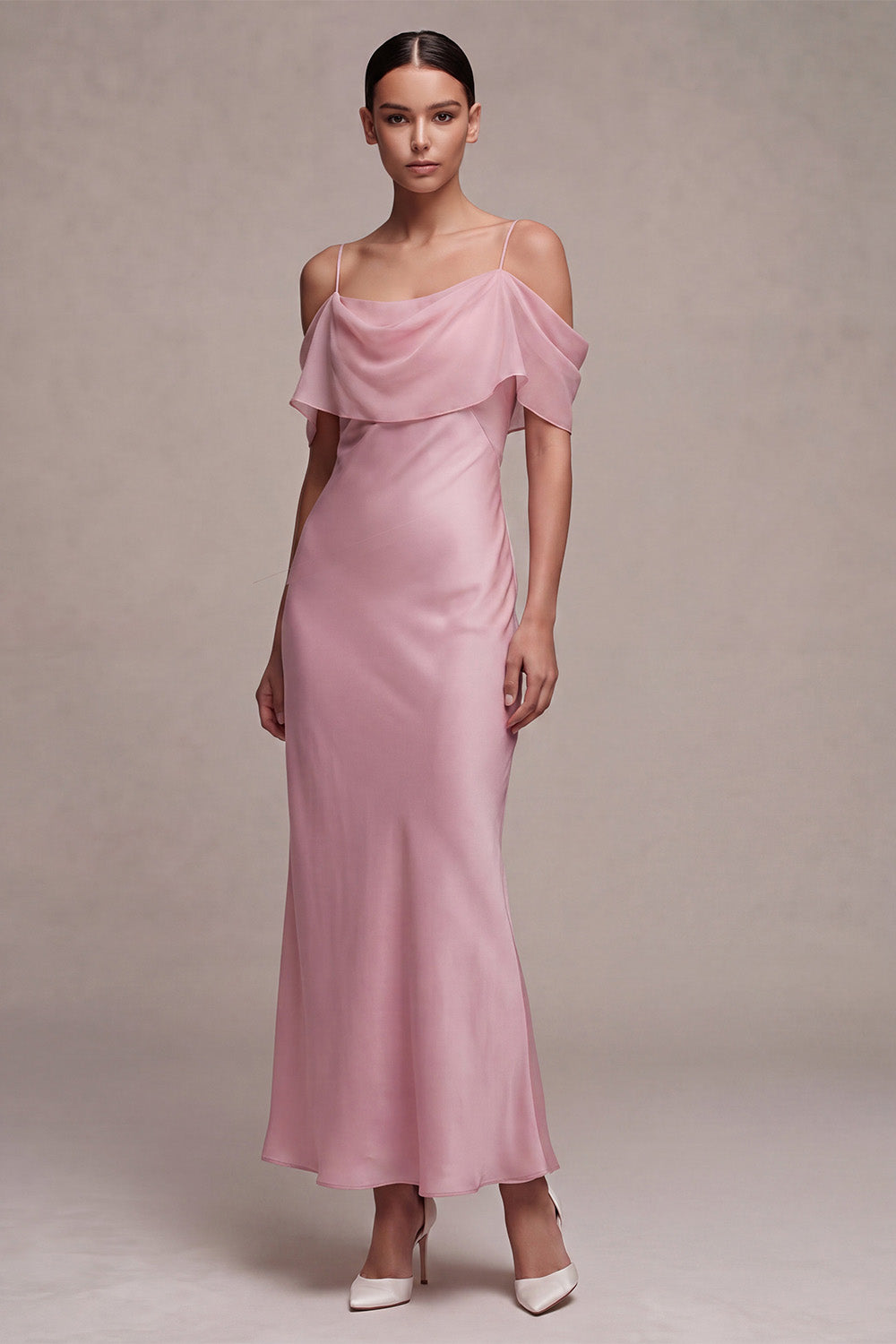 Chiffon Dark Pink Cold Shoulder Mermaid Midi Dress