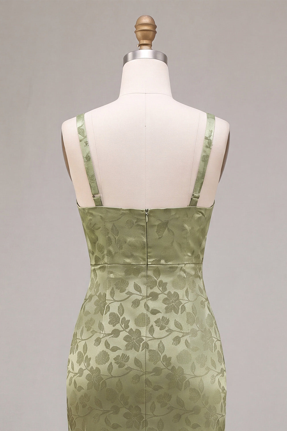 Light Green Satin Bodycon Ruched Midi Floral Dress with Slit