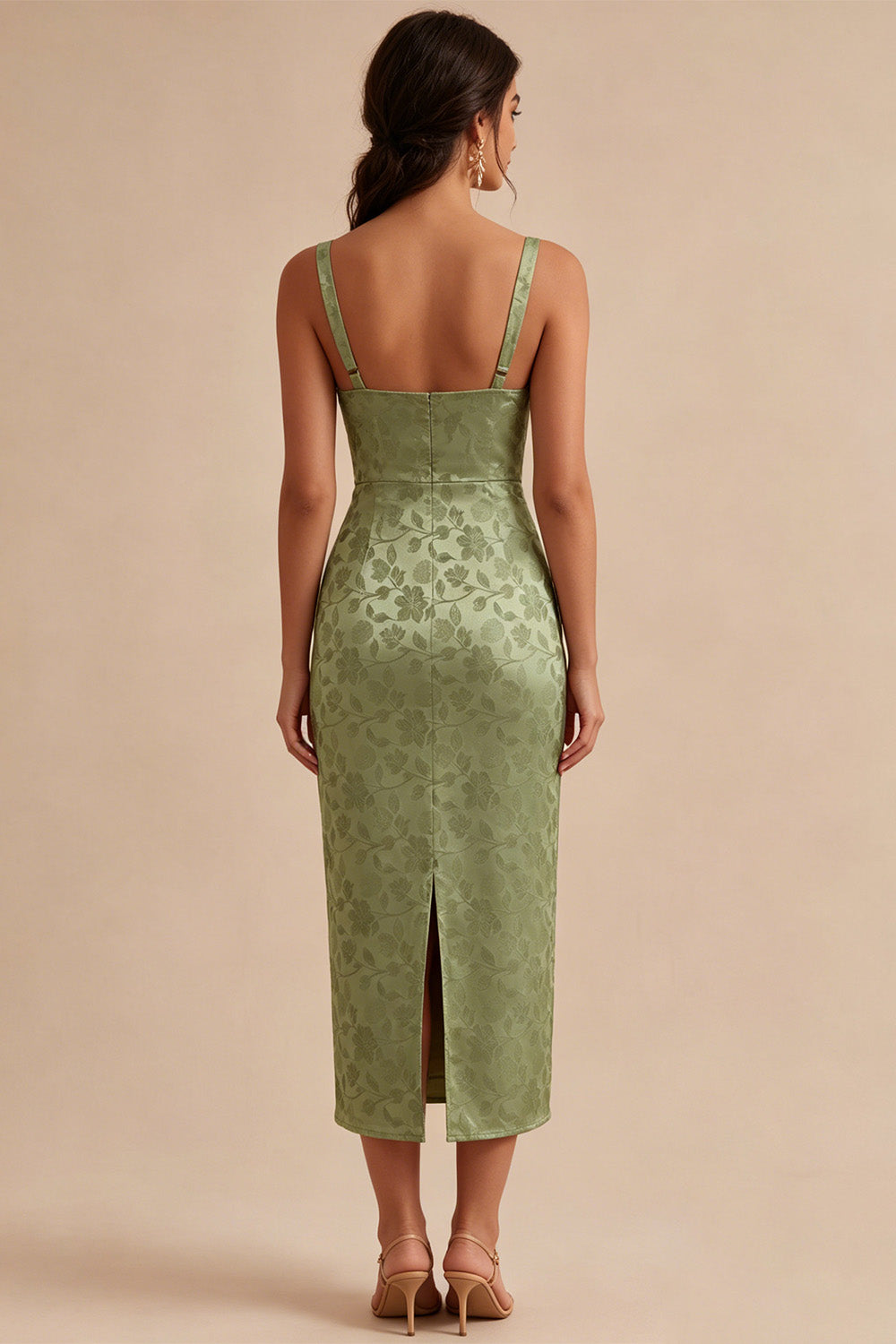 Light Green Satin Bodycon Ruched Midi Floral Dress with Slit