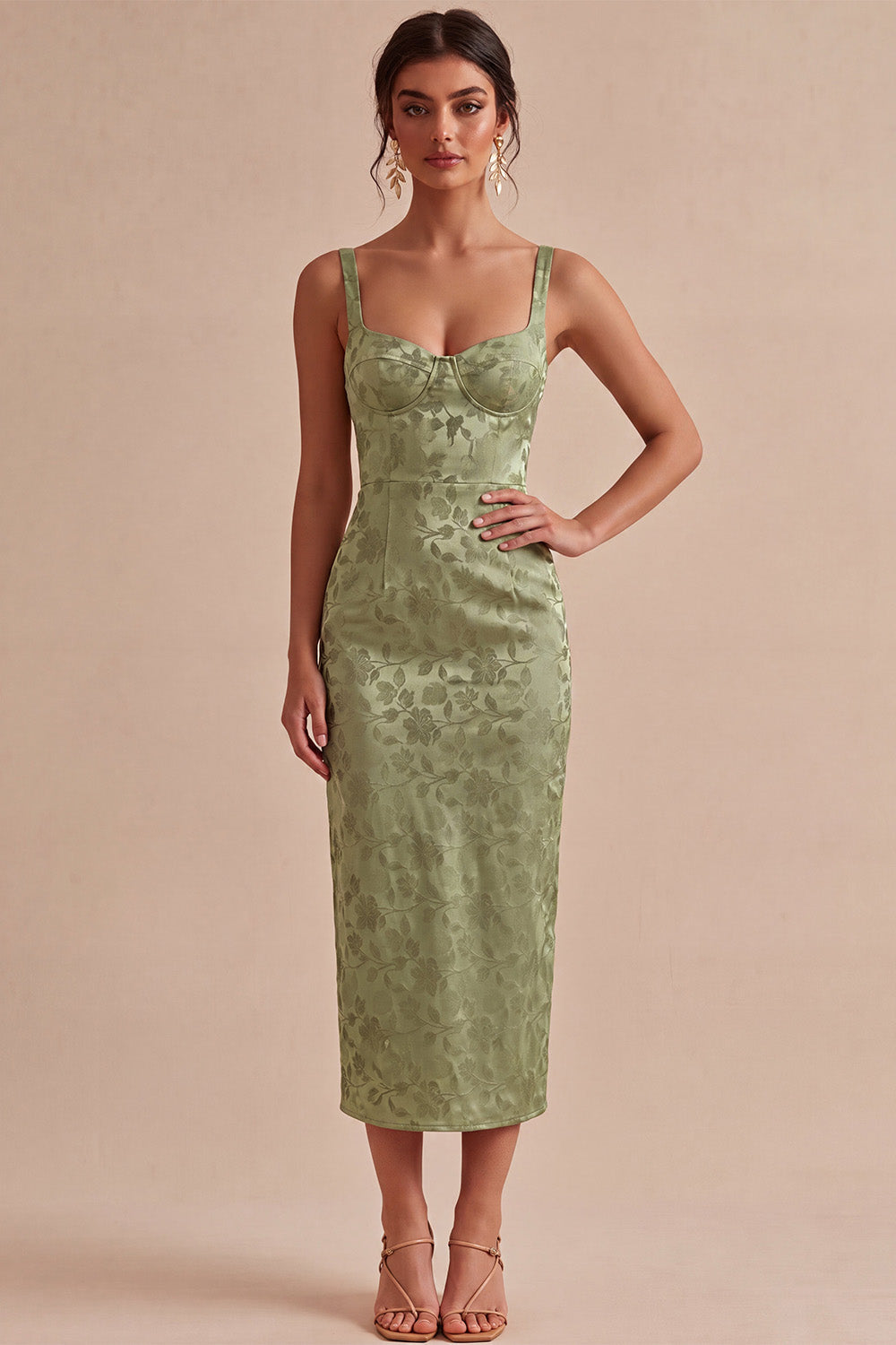 Light Green Satin Bodycon Ruched Midi Floral Dress with Slit