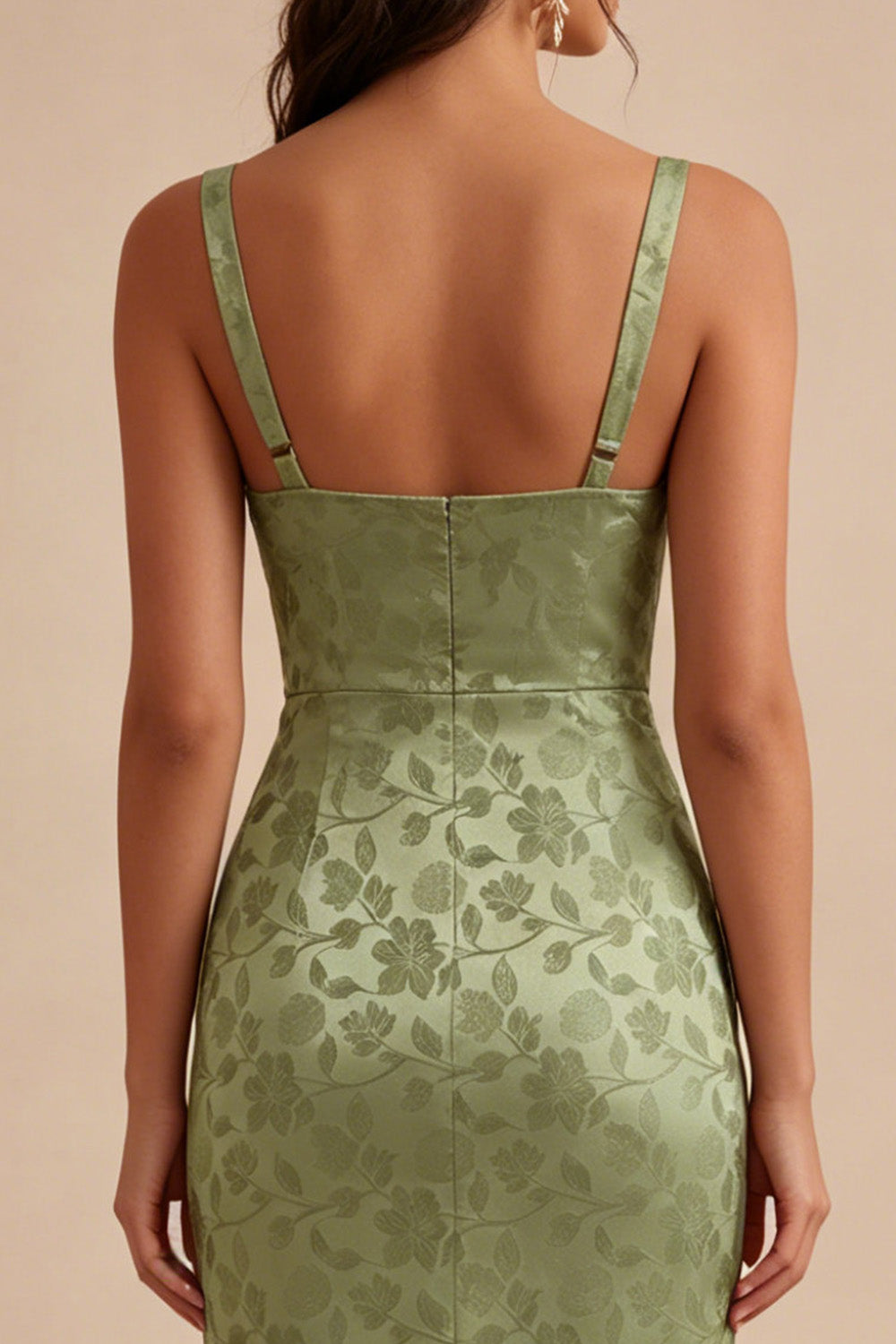 Light Green Satin Bodycon Ruched Midi Floral Dress with Slit