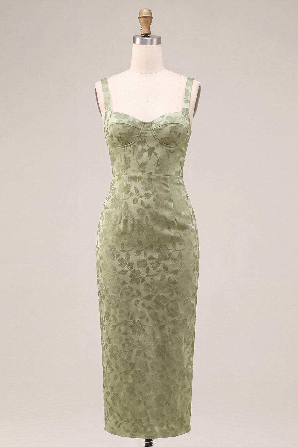 Light Green Satin Bodycon Ruched Midi Floral Dress with Slit