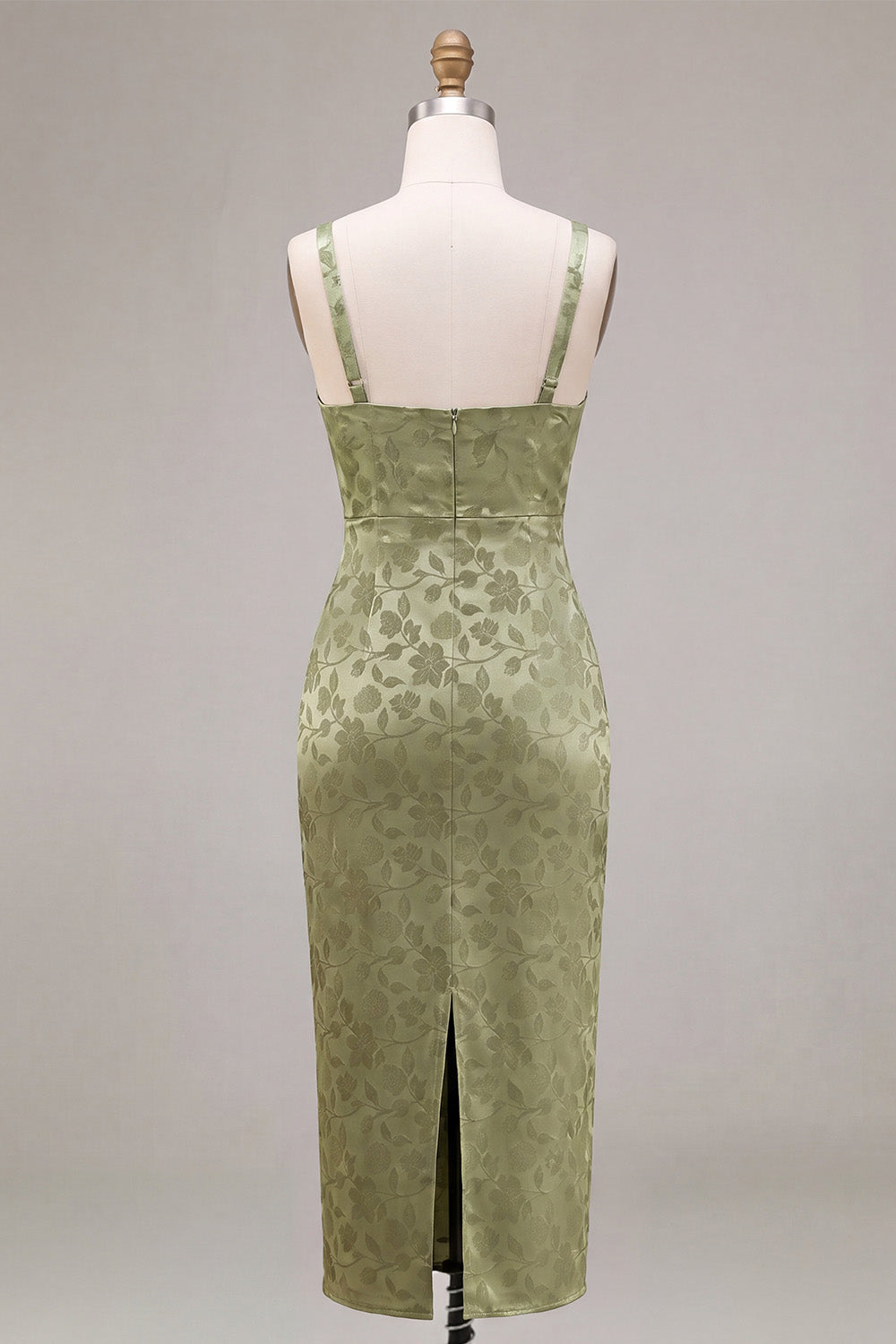 Light Green Satin Bodycon Ruched Midi Floral Dress with Slit