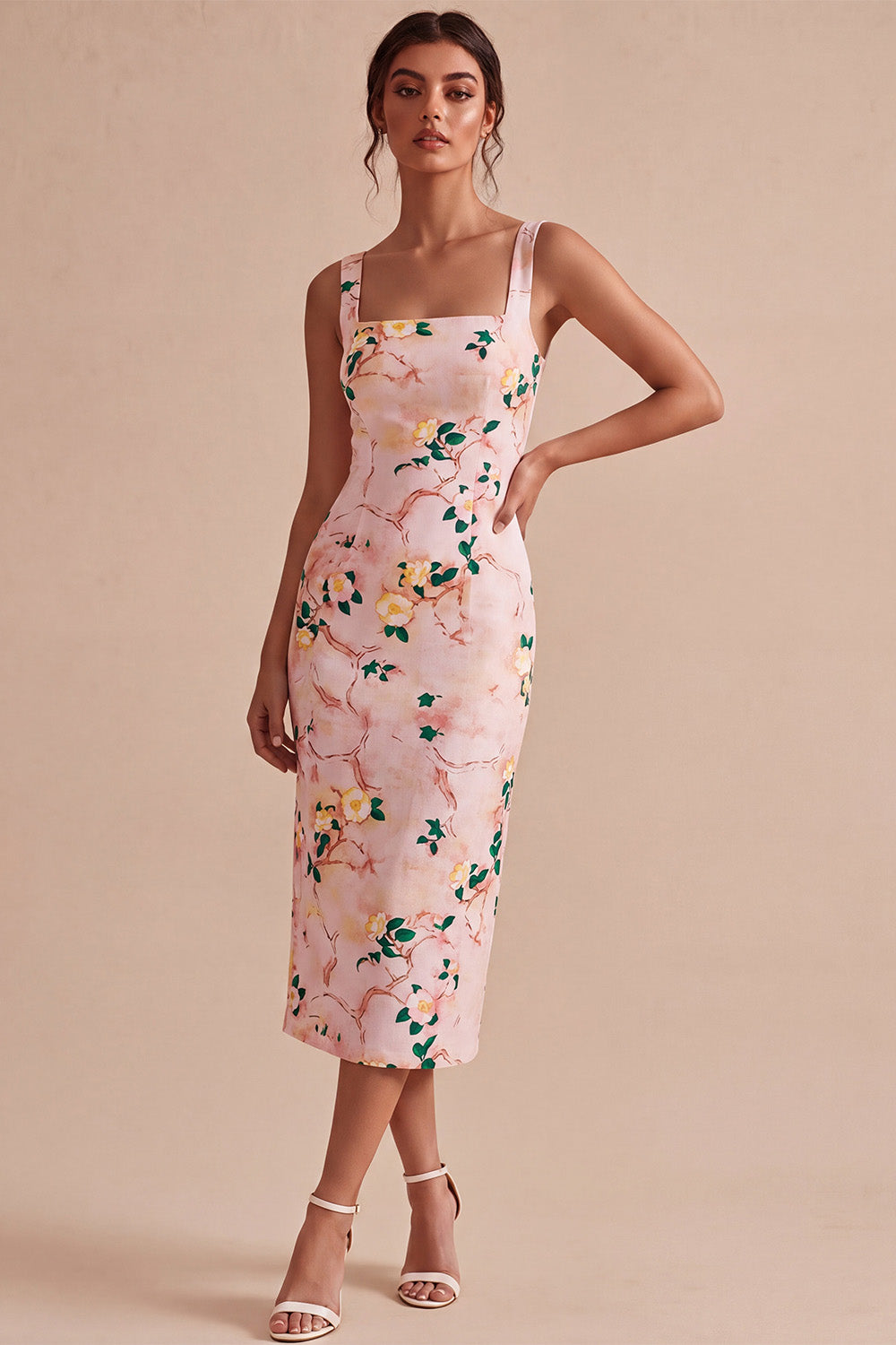 Bodycon Pink Square Neck Midi Floral Dress with Slit