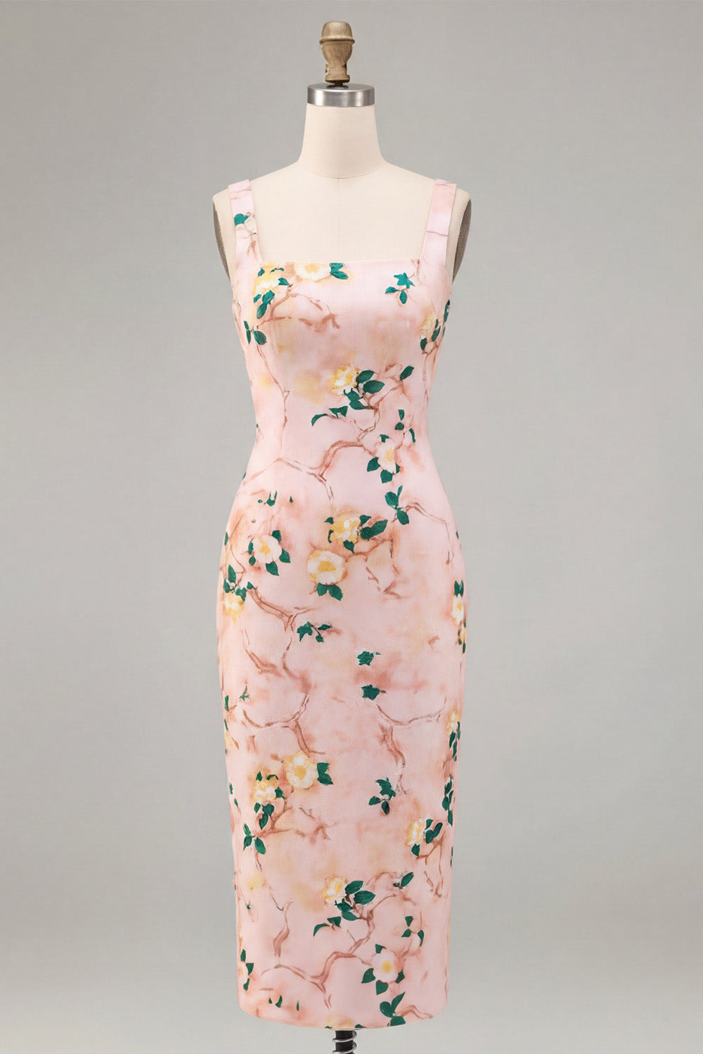 Bodycon Pink Square Neck Midi Floral Dress with Slit