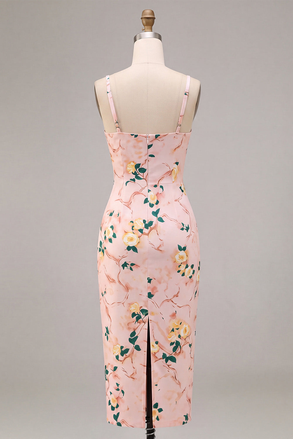 Bodycon Pink Square Neck Midi Floral Dress with Slit