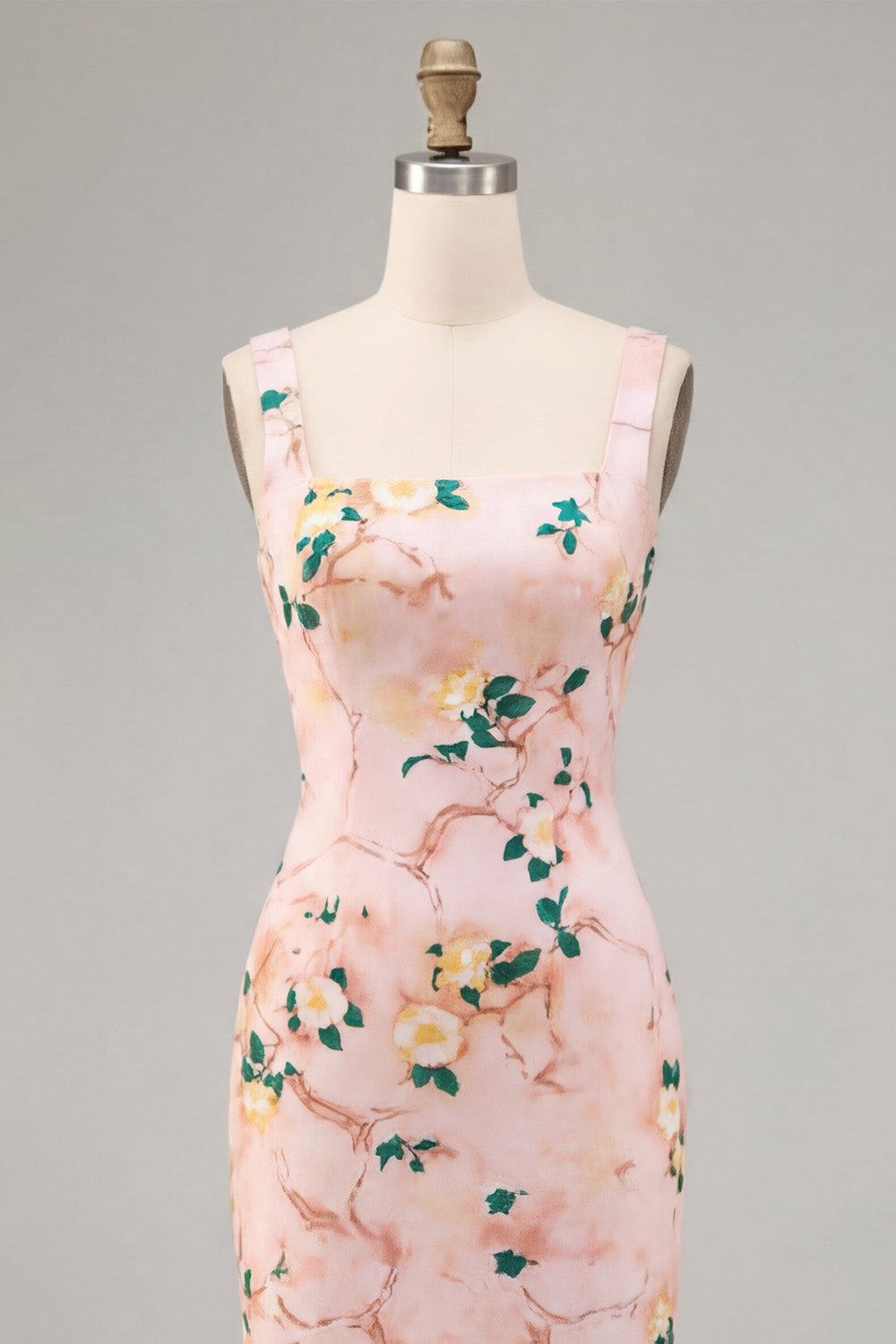 Bodycon Pink Square Neck Midi Floral Dress with Slit
