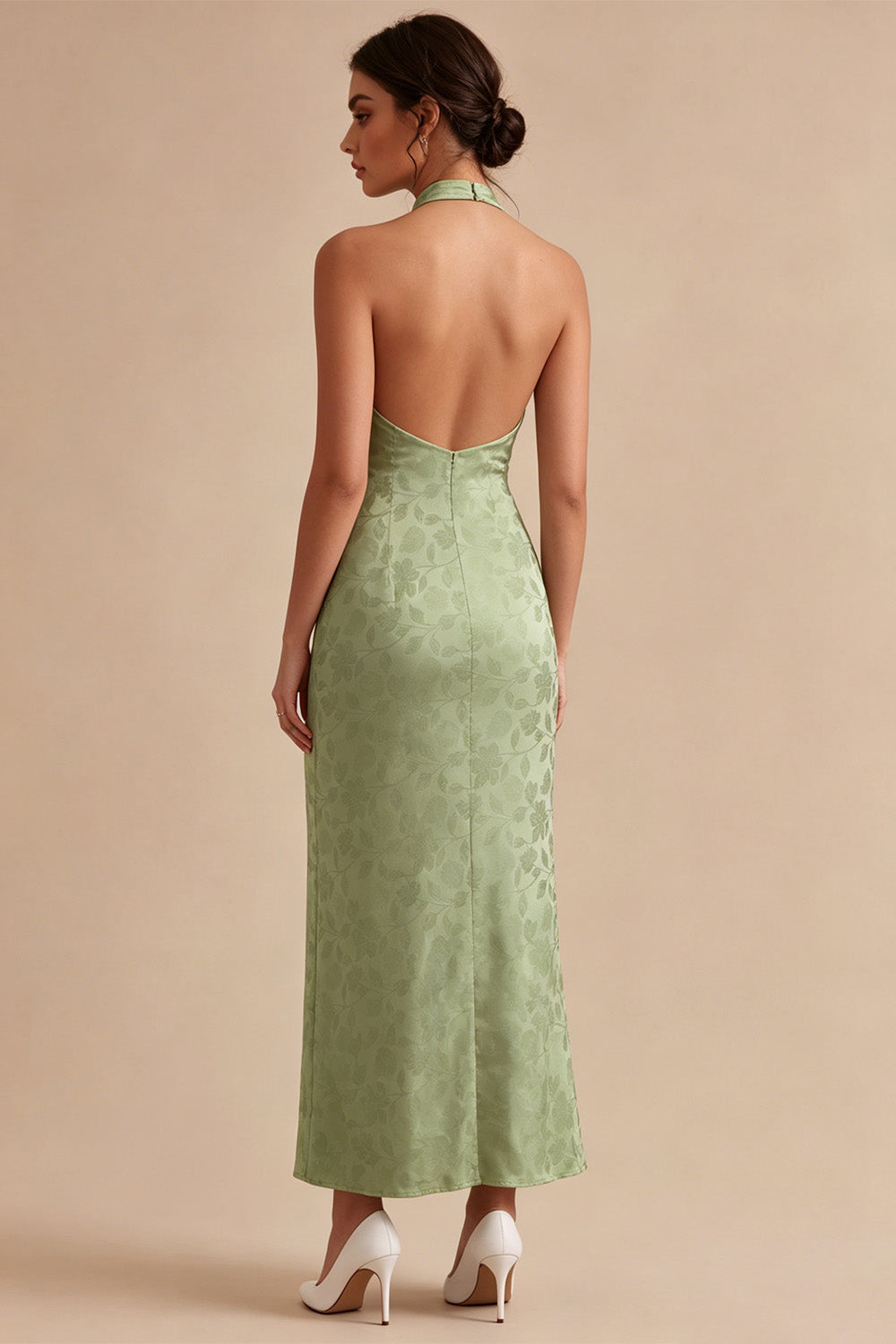 Light Green Halter Neck Printed Mermaid Floral Midi Dress