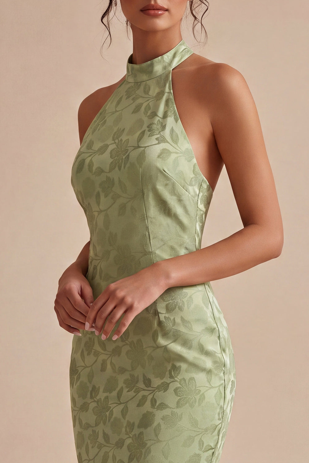 Light Green Halter Neck Printed Mermaid Floral Midi Dress