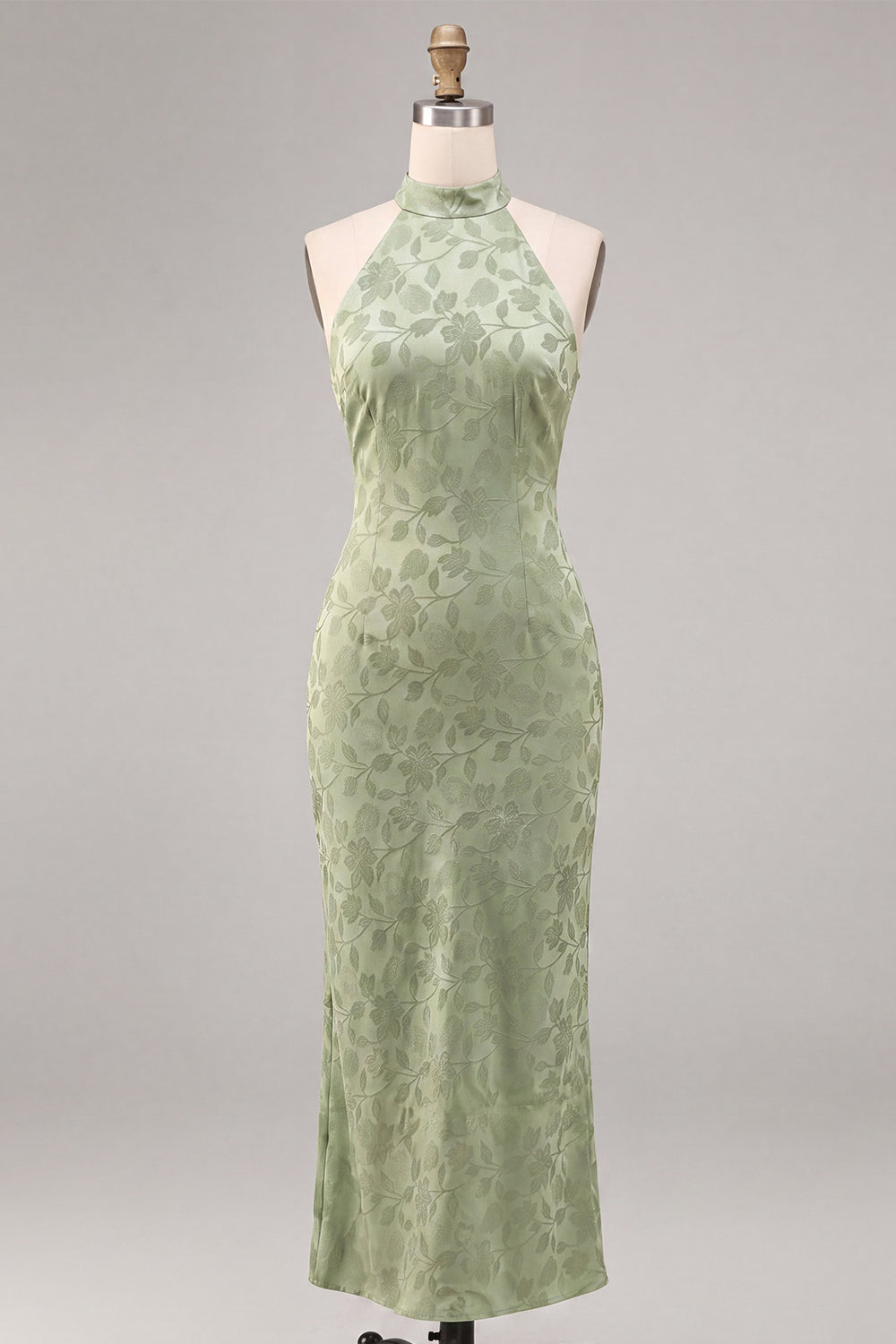 Light Green Halter Neck Printed Mermaid Floral Midi Dress