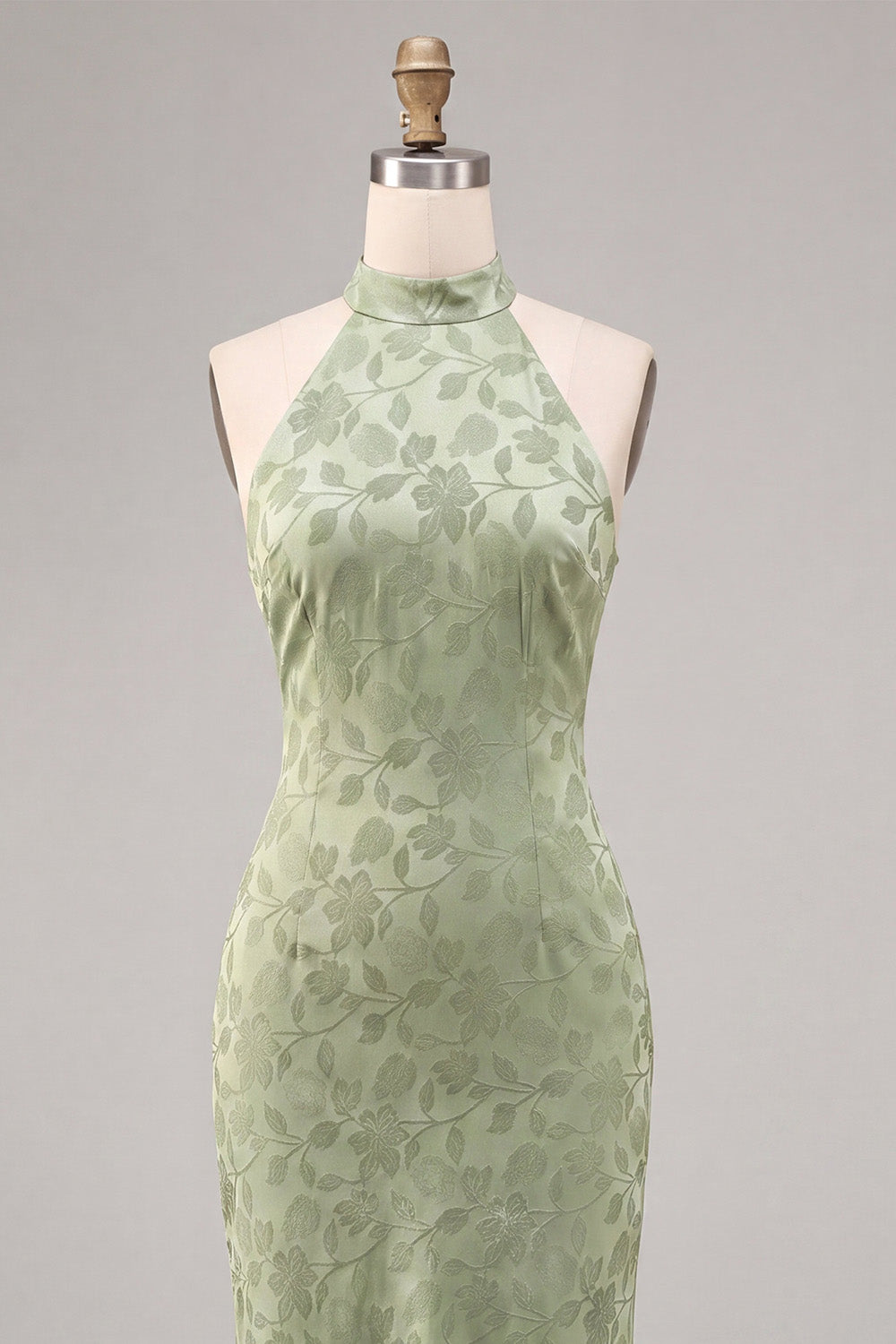 Light Green Halter Neck Printed Mermaid Floral Midi Dress