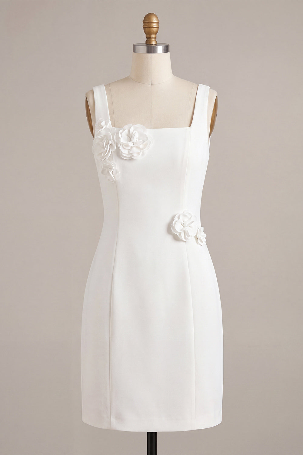 Petite robe blanche moulante à col carré avec fleurs 3D