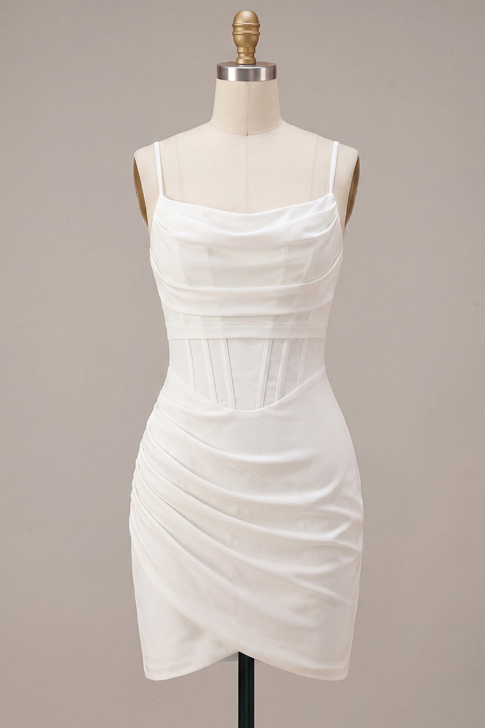 Robe Courte Blanche Moulante Froncée à Bretelles Fines avec Corset