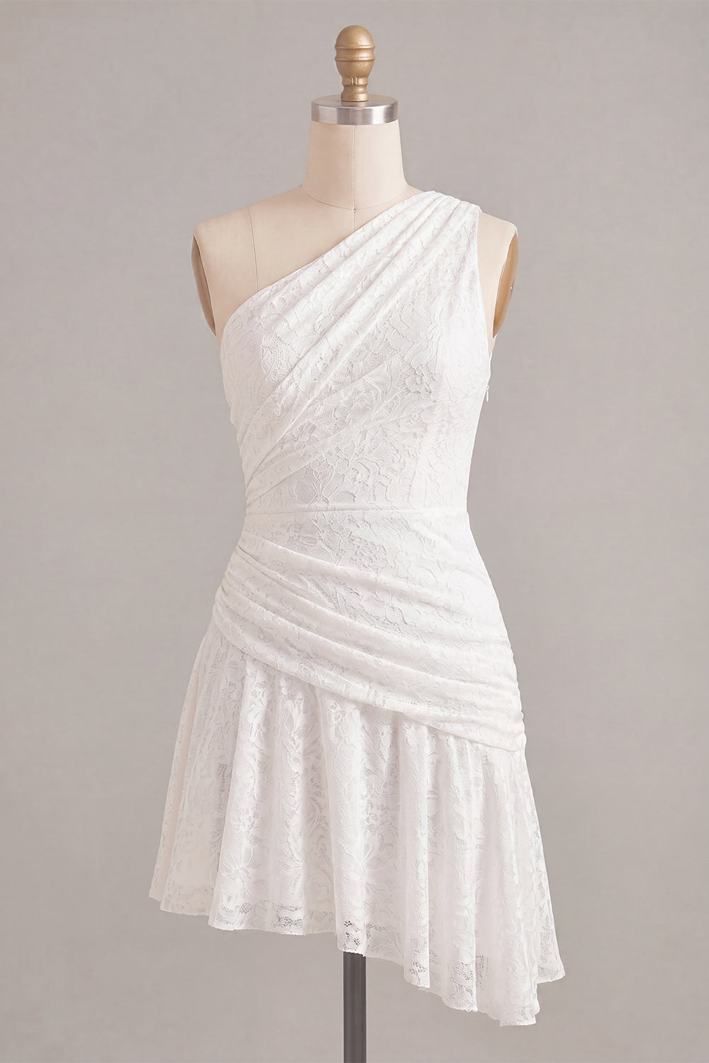 One Shoulder Ruched Lace Asymmetrical Bodycon Little White Dress