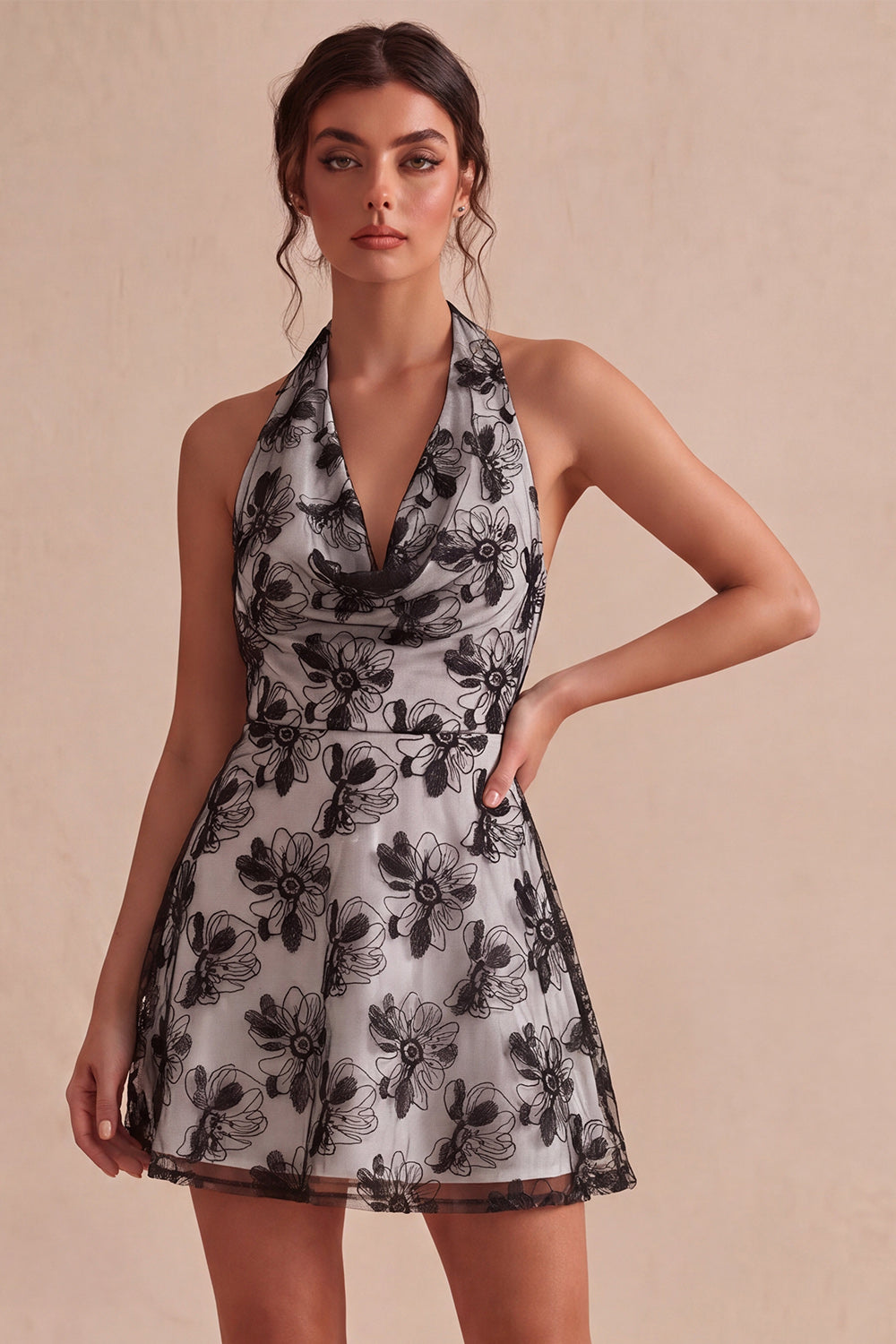 A-Line Halter Neck Floral Little White Dress