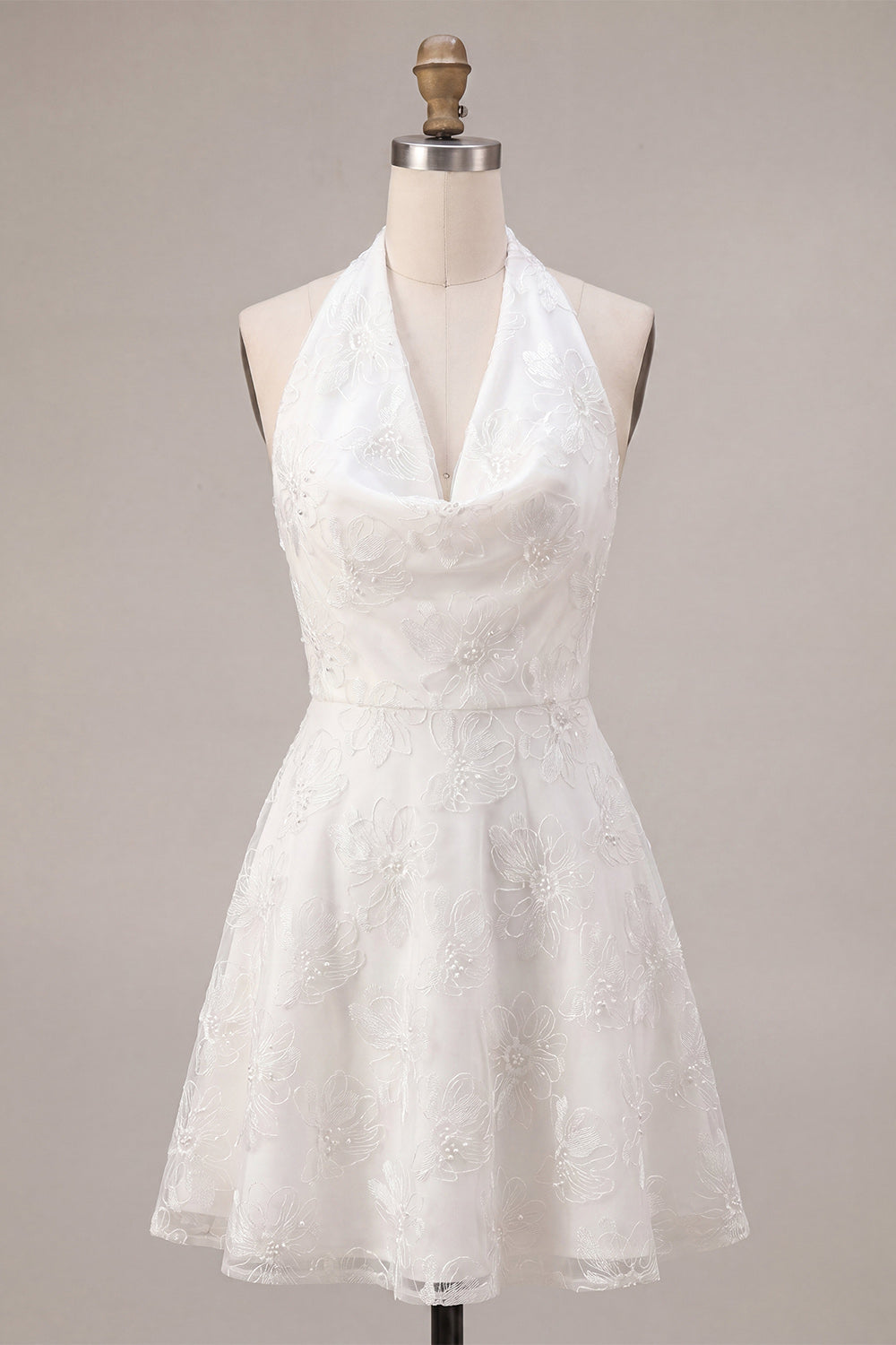 A-Line Halter Neck Floral Little White Dress