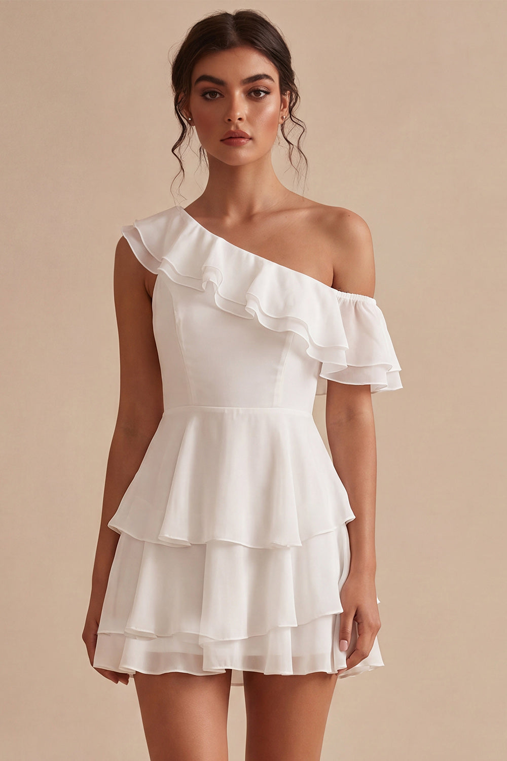 Robe Courte Asymétrique en Chiffon et Volants, Ligne A, Blanche