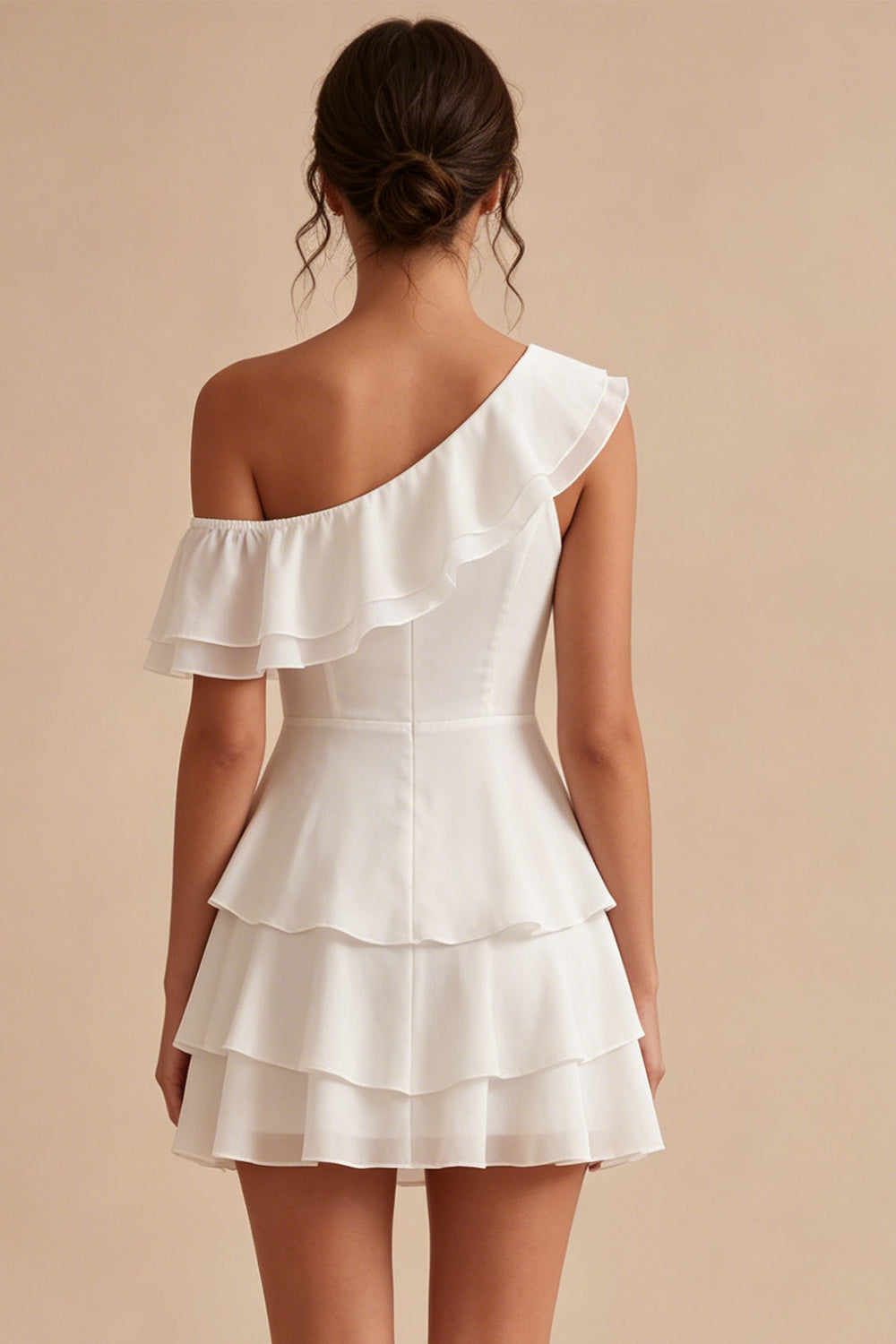 Robe Courte Asymétrique en Chiffon et Volants, Ligne A, Blanche