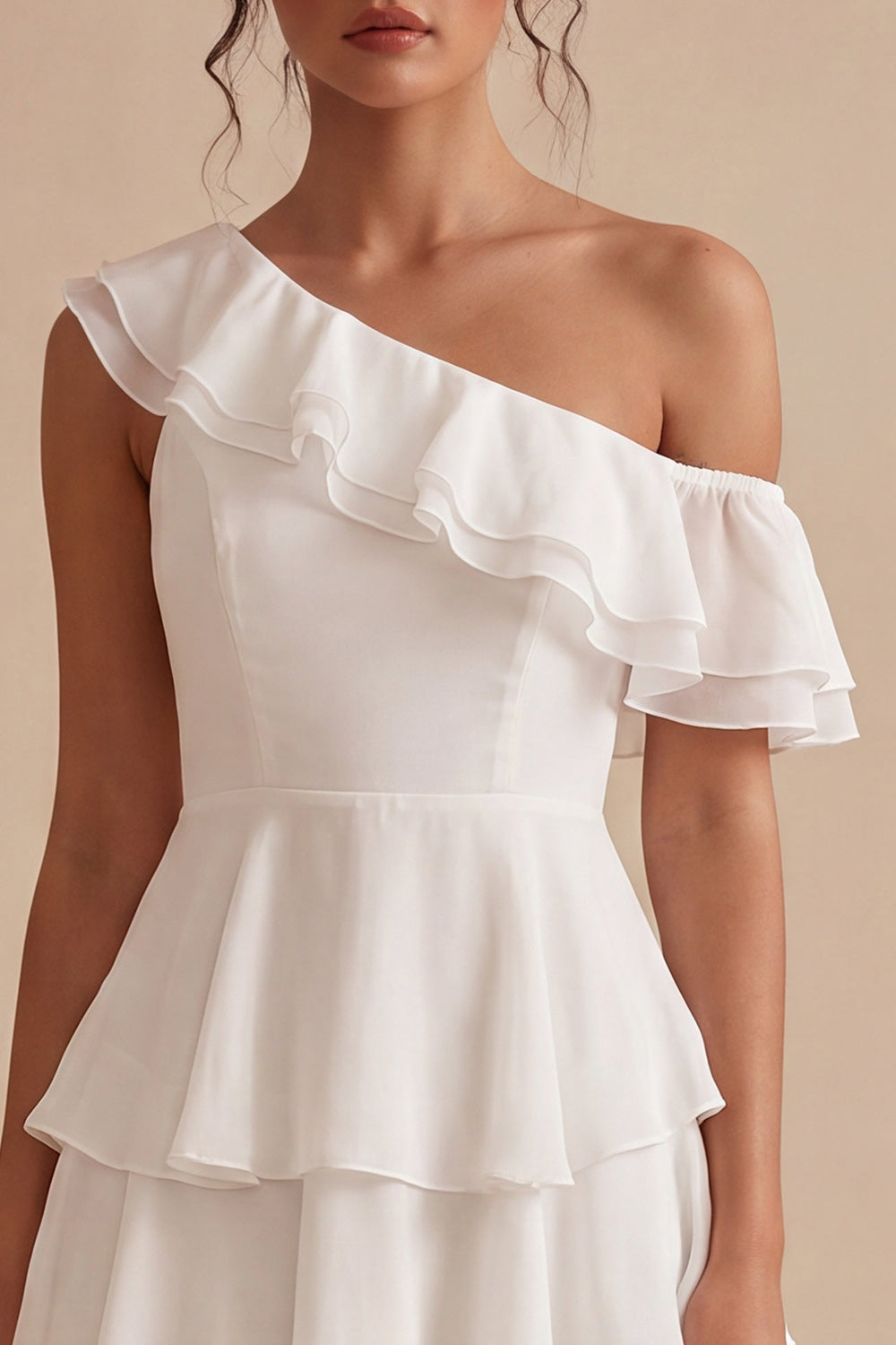 Robe Courte Asymétrique en Chiffon et Volants, Ligne A, Blanche