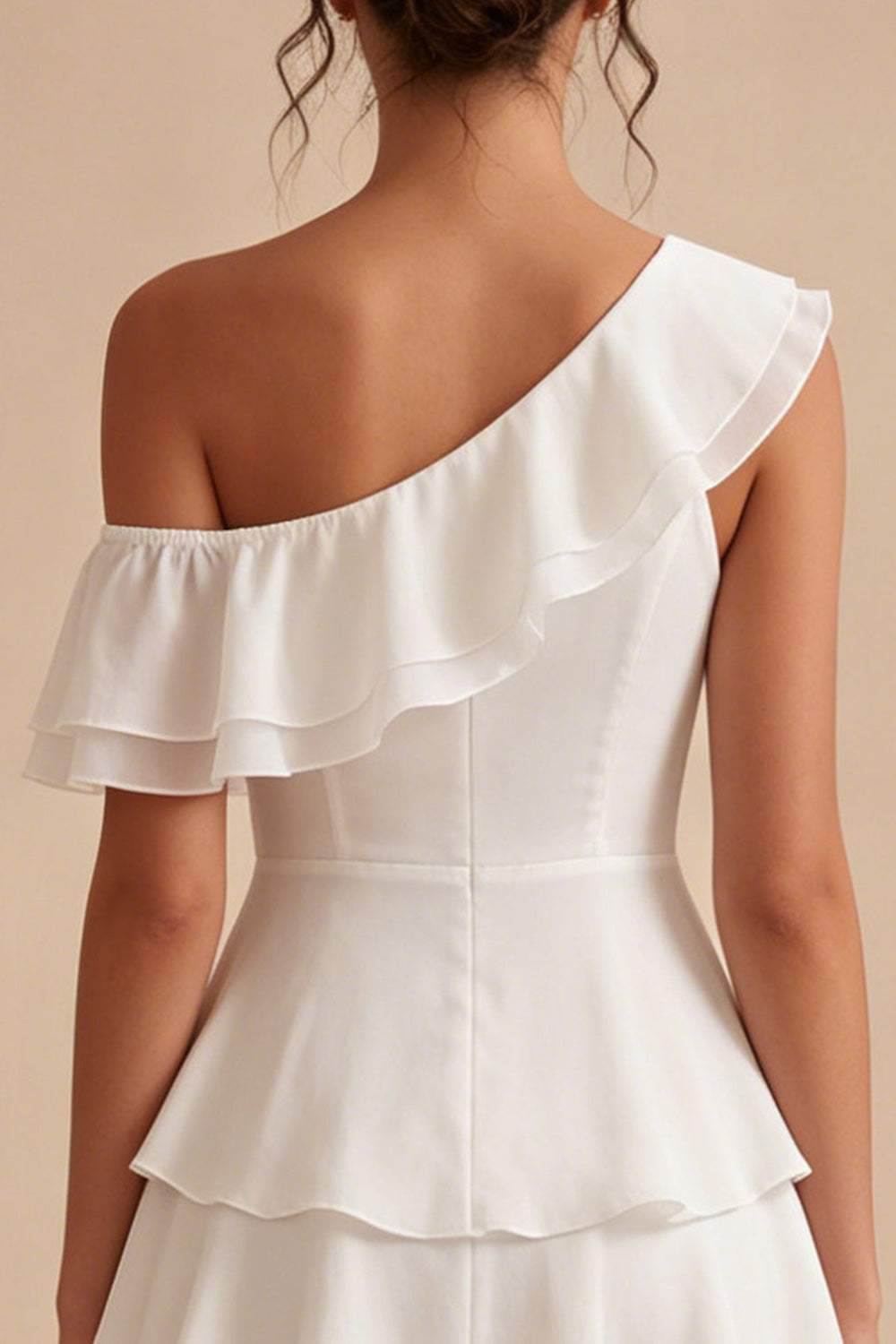 Robe Courte Asymétrique en Chiffon et Volants, Ligne A, Blanche