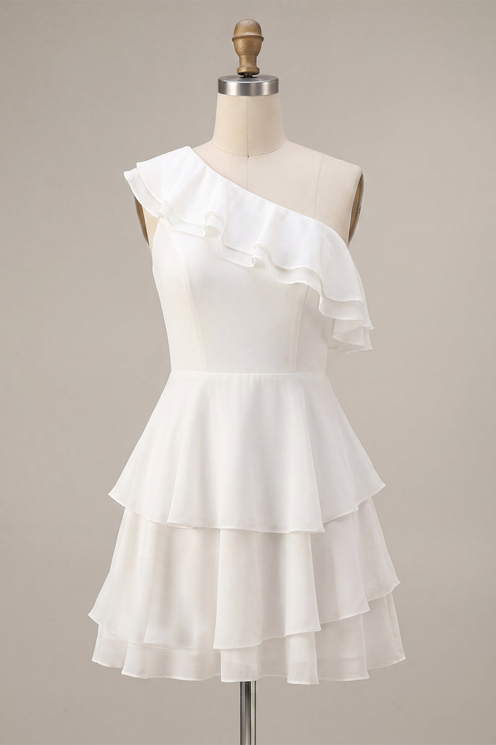 Robe Courte Asymétrique en Chiffon et Volants, Ligne A, Blanche