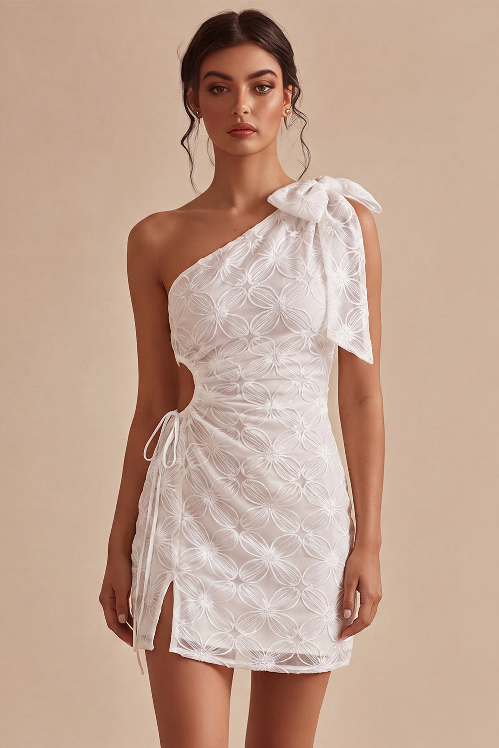 Bodycon One Shoulder Floral Cut Out Little White Dress with Bow