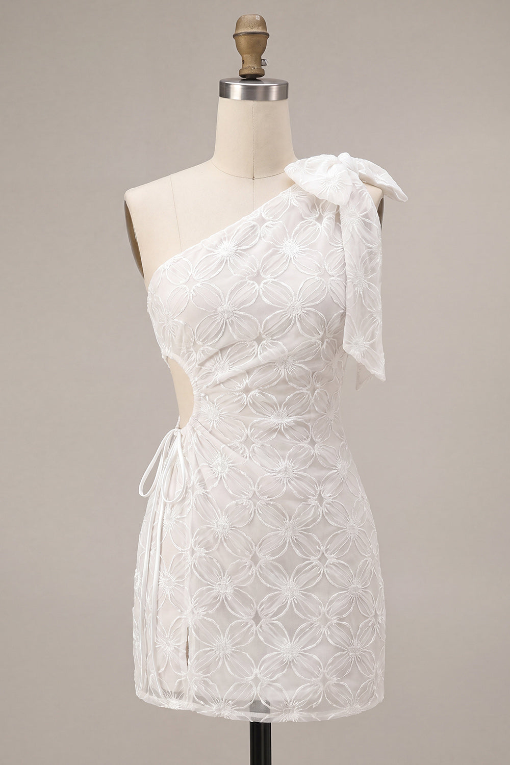 Bodycon One Shoulder Floral Cut Out Little White Dress with Bow