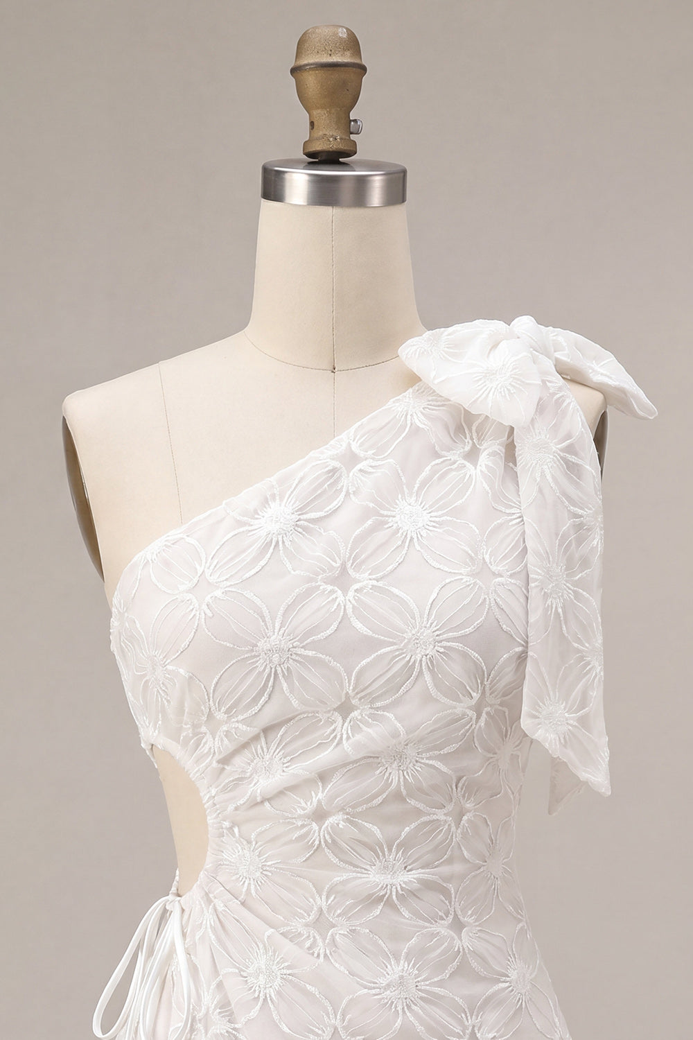 Bodycon One Shoulder Floral Cut Out Little White Dress with Bow