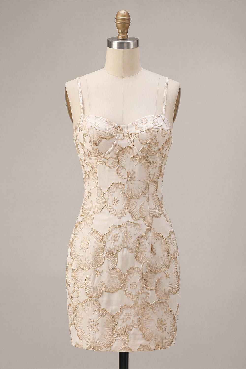 Ivory Bodycon Spaghetti Straps Floral Jacquard Mini Dress