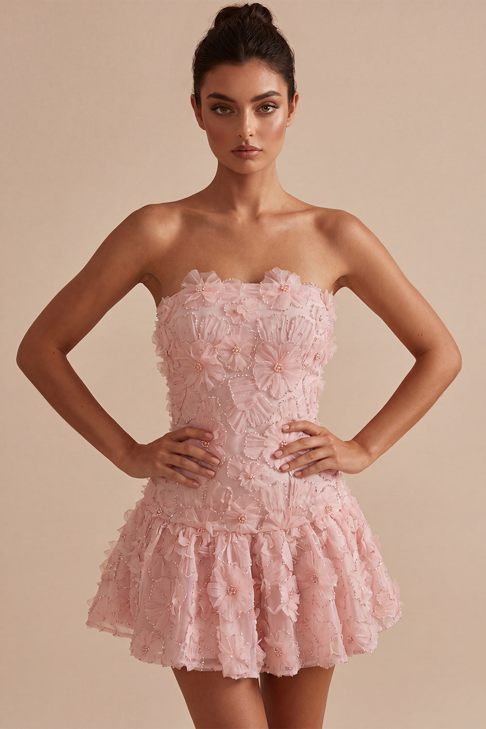 Pink A-Line Strapless Beaded Pearl Floral Short Birthday Dress