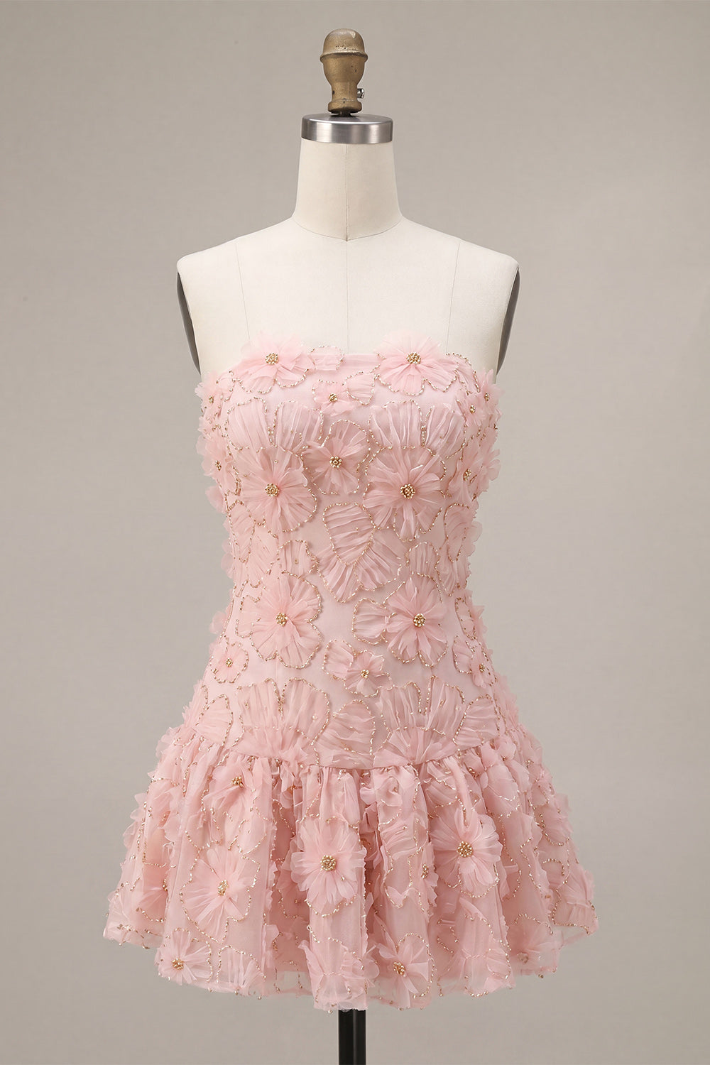 Pink A-Line Strapless Beaded Pearl Floral Short Birthday Dress