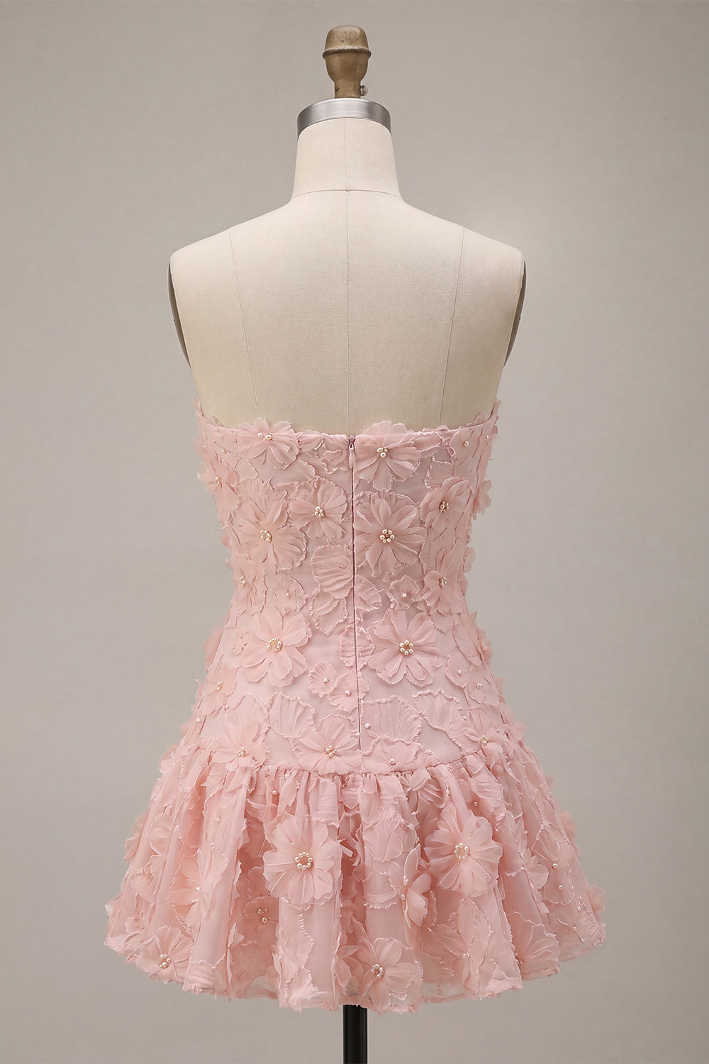 Pink A-Line Strapless Beaded Pearl Floral Short Birthday Dress