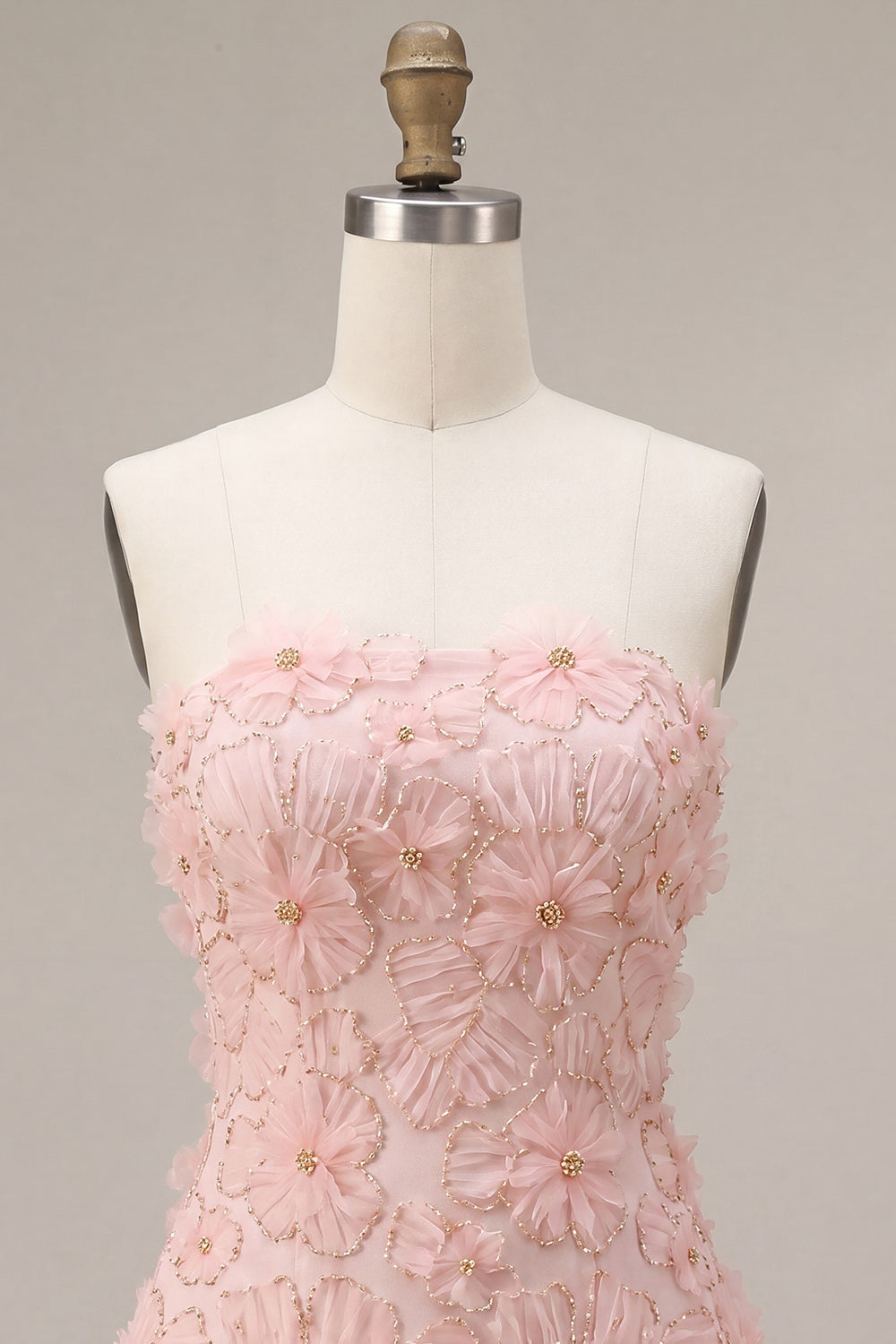 Pink A-Line Strapless Beaded Pearl Floral Short Birthday Dress