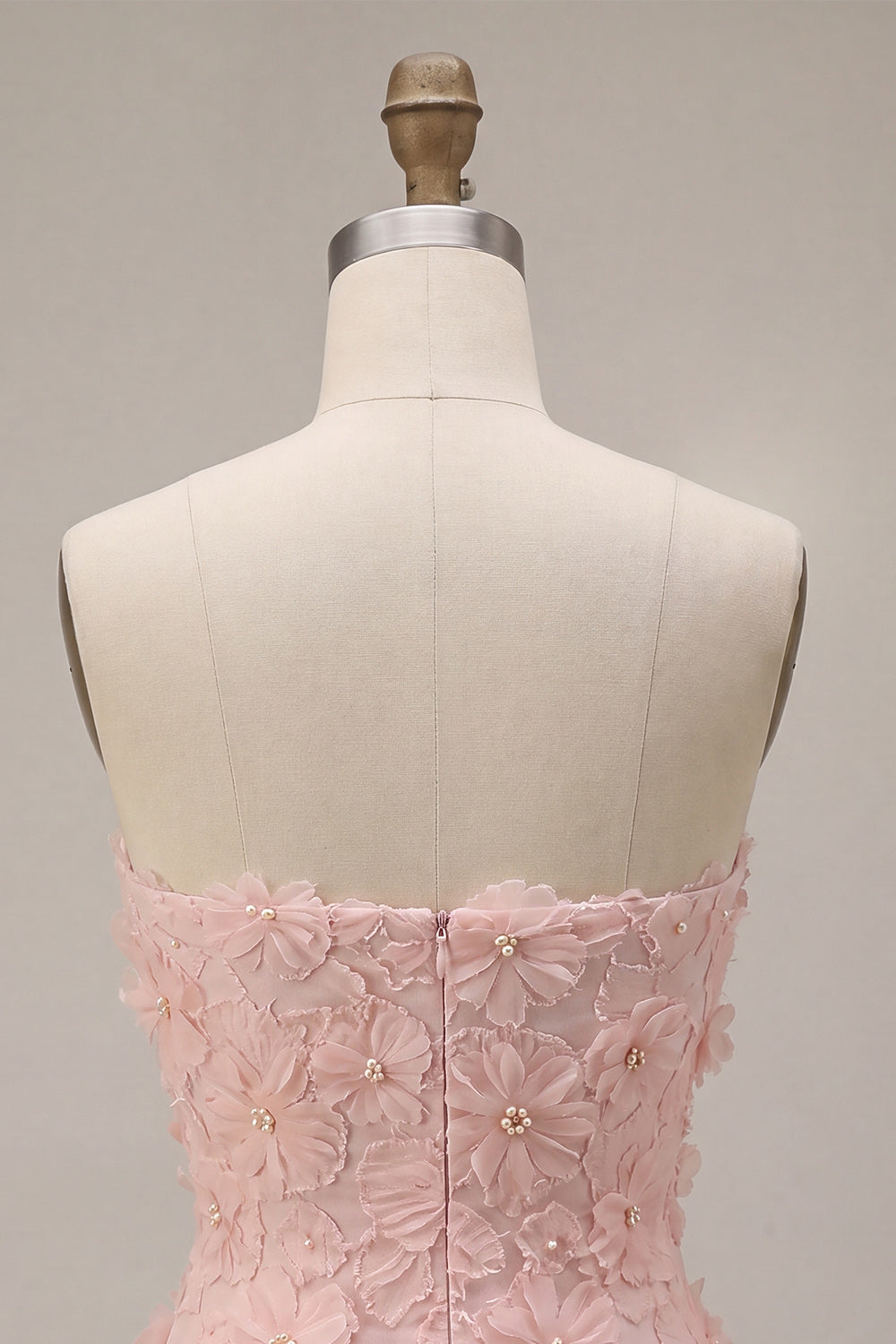Pink A-Line Strapless Beaded Pearl Floral Short Birthday Dress