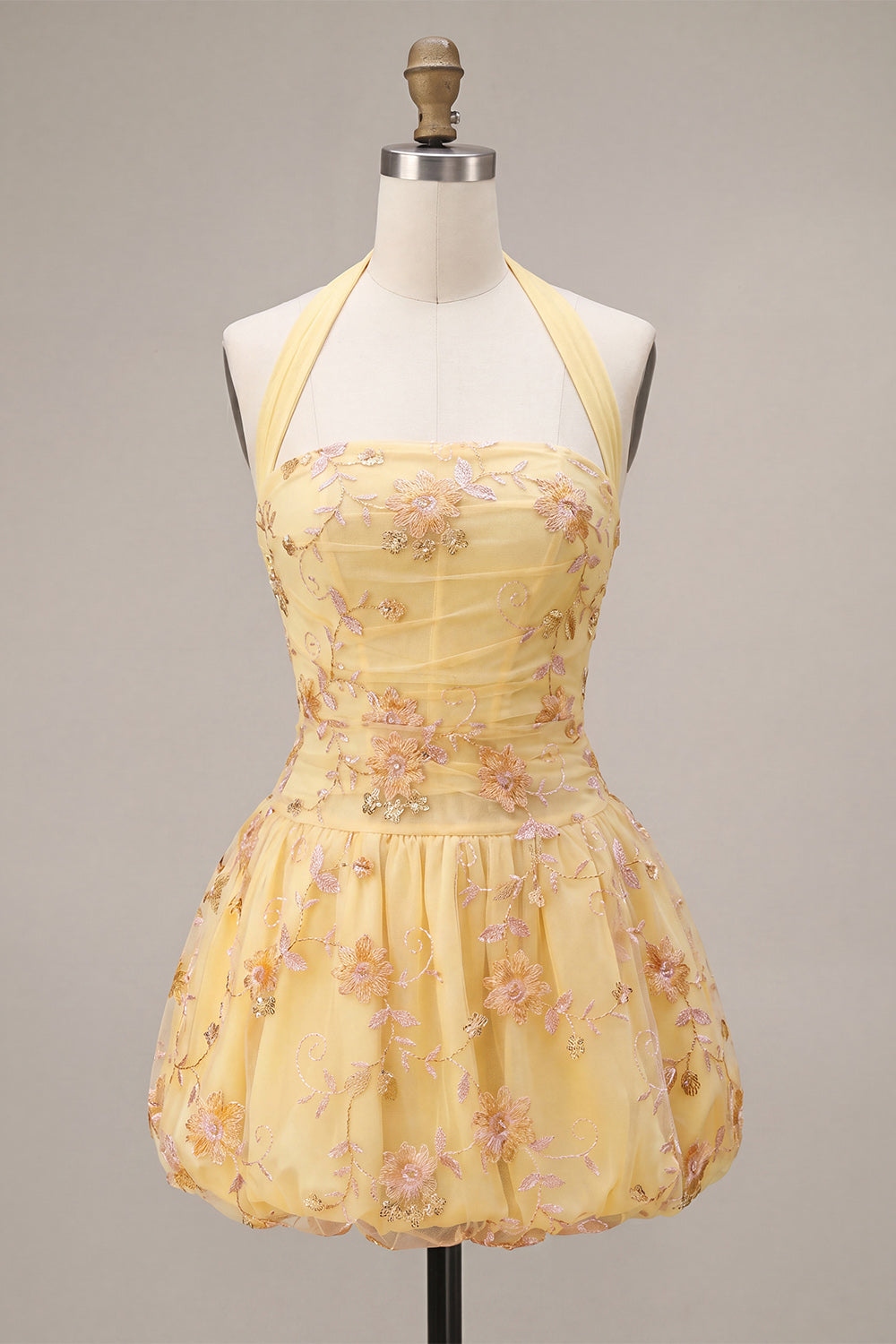 Vestido de Cumpleaños Amarillo con Cuello Halter en Línea A y Bordado Floral