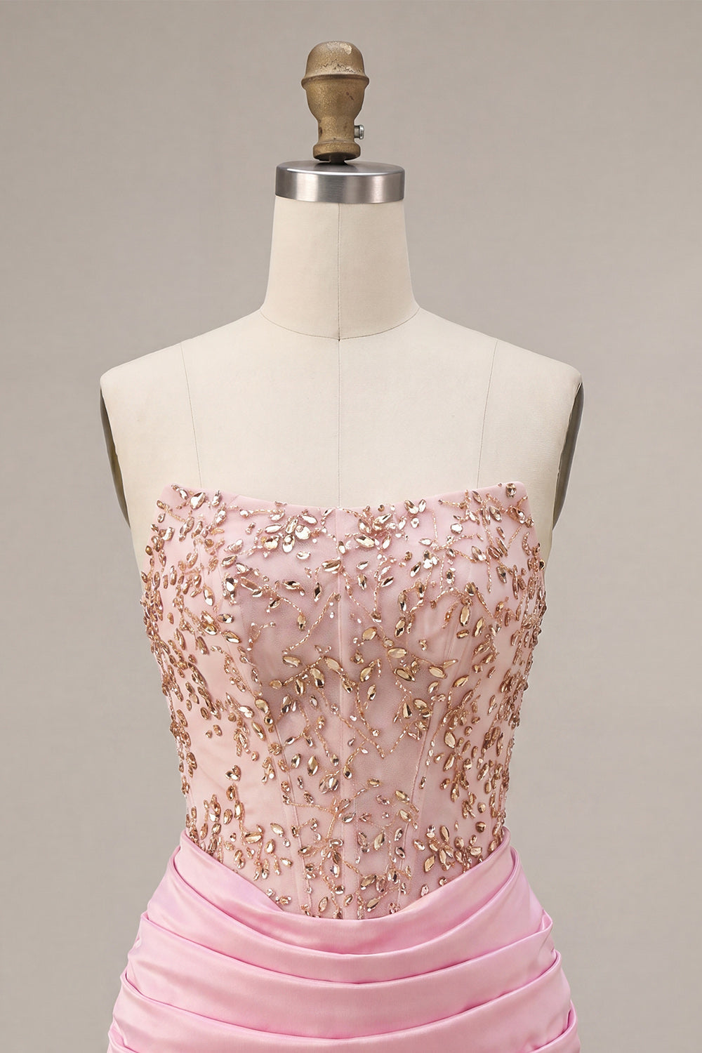 Pink Strapless Bodycon Beaded Ruched Homecoming Dress
