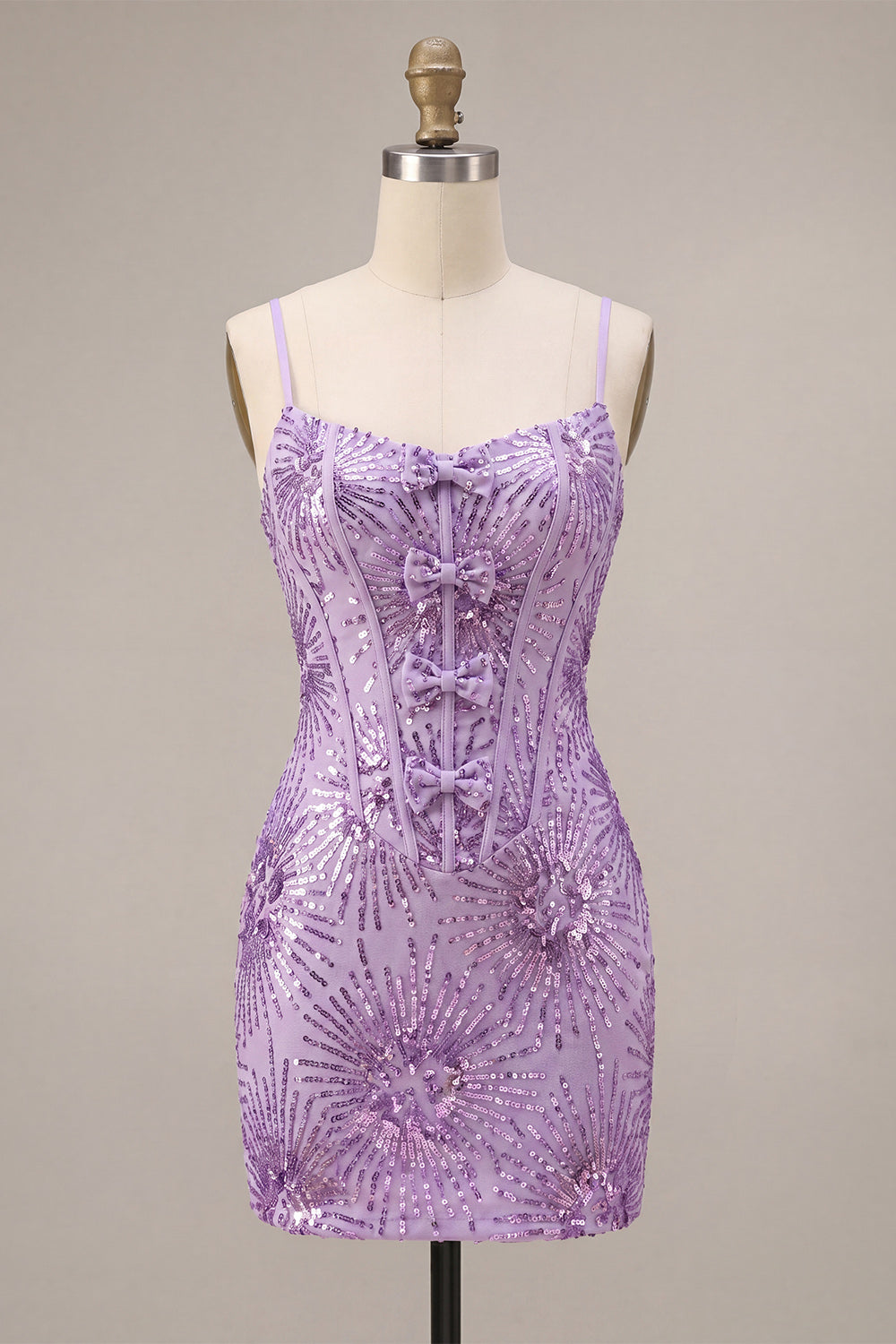 Plum Bodycon Spaghetti Straps Corset Sequins Homecoming Dress with Bow