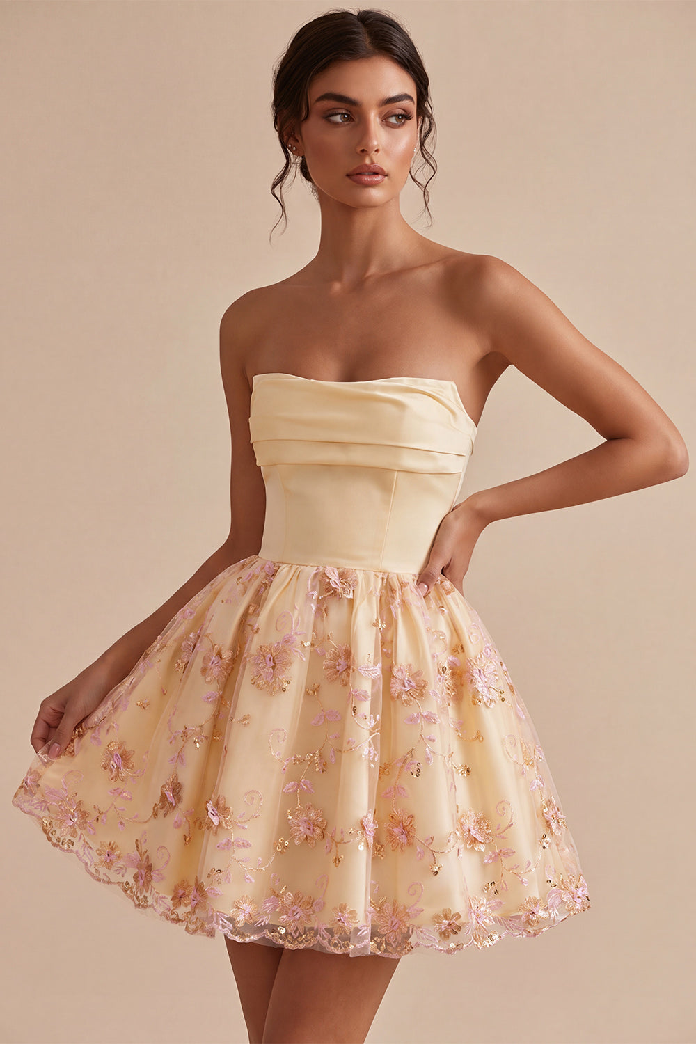 Light Yellow A-Line Strapless Floral Embroidered Homecoming Dress