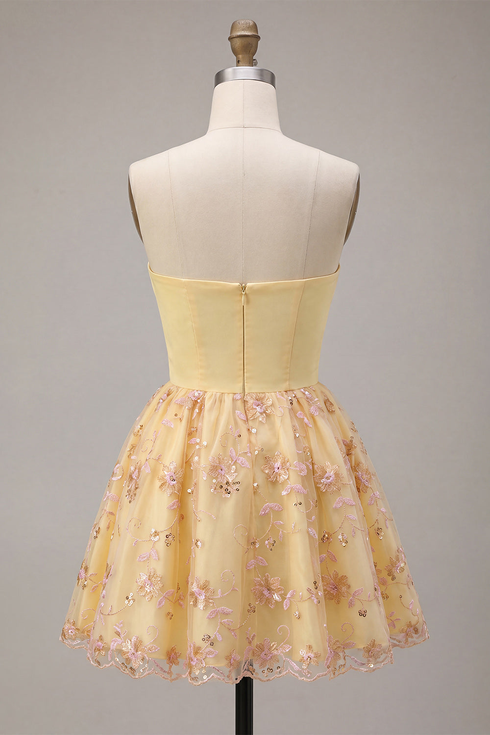 Light Yellow A-Line Strapless Floral Embroidered Homecoming Dress