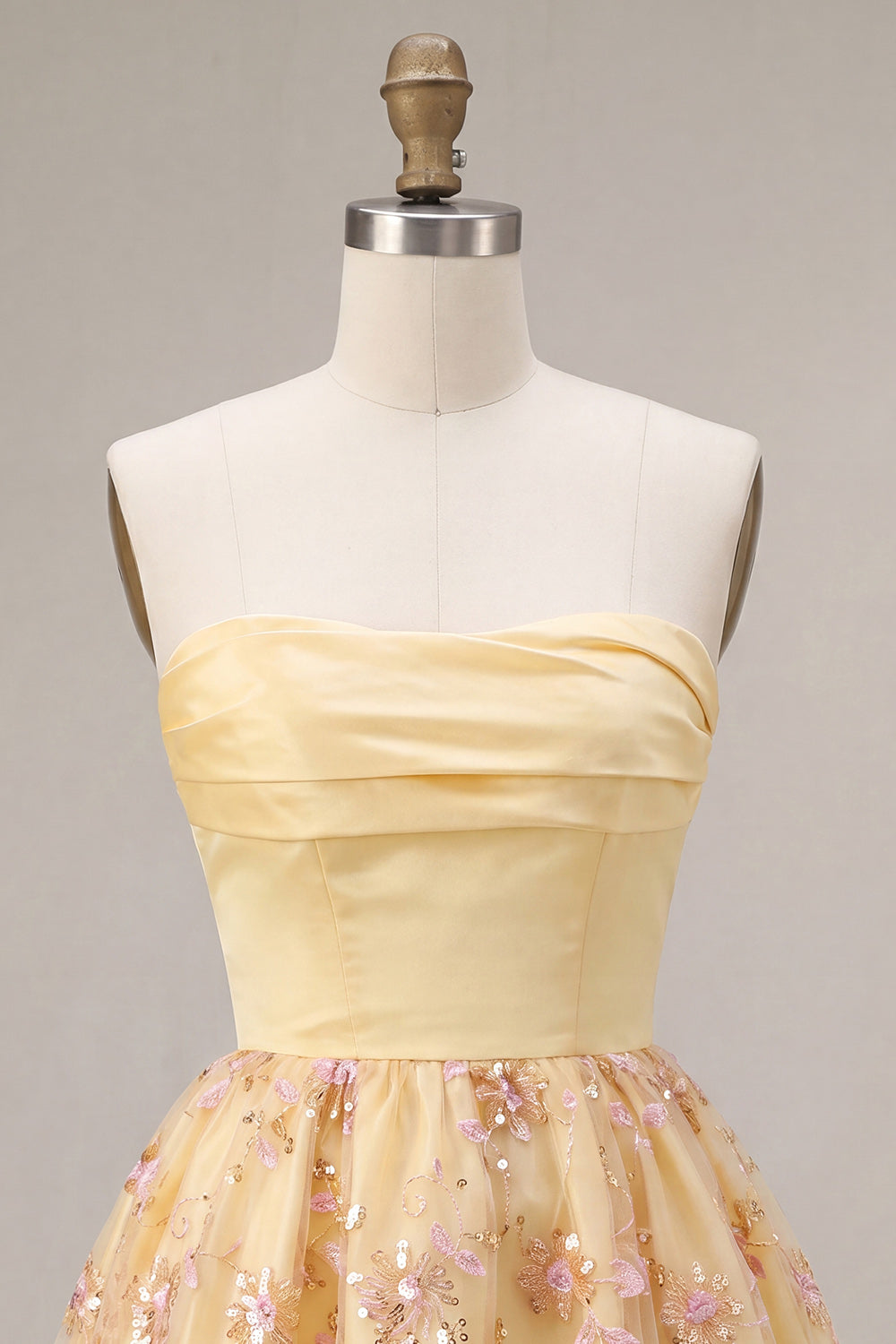 Light Yellow A-Line Strapless Floral Embroidered Homecoming Dress