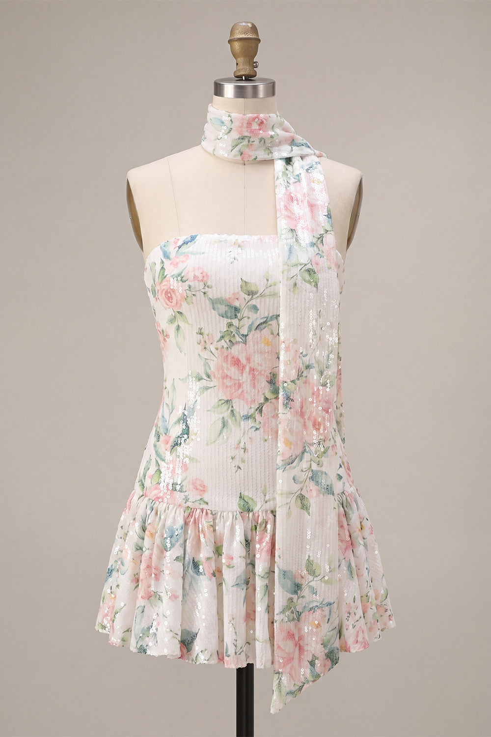 Robe de soirée bustier trapèze pailletée blanche rose étincelante avec écharpe de cou