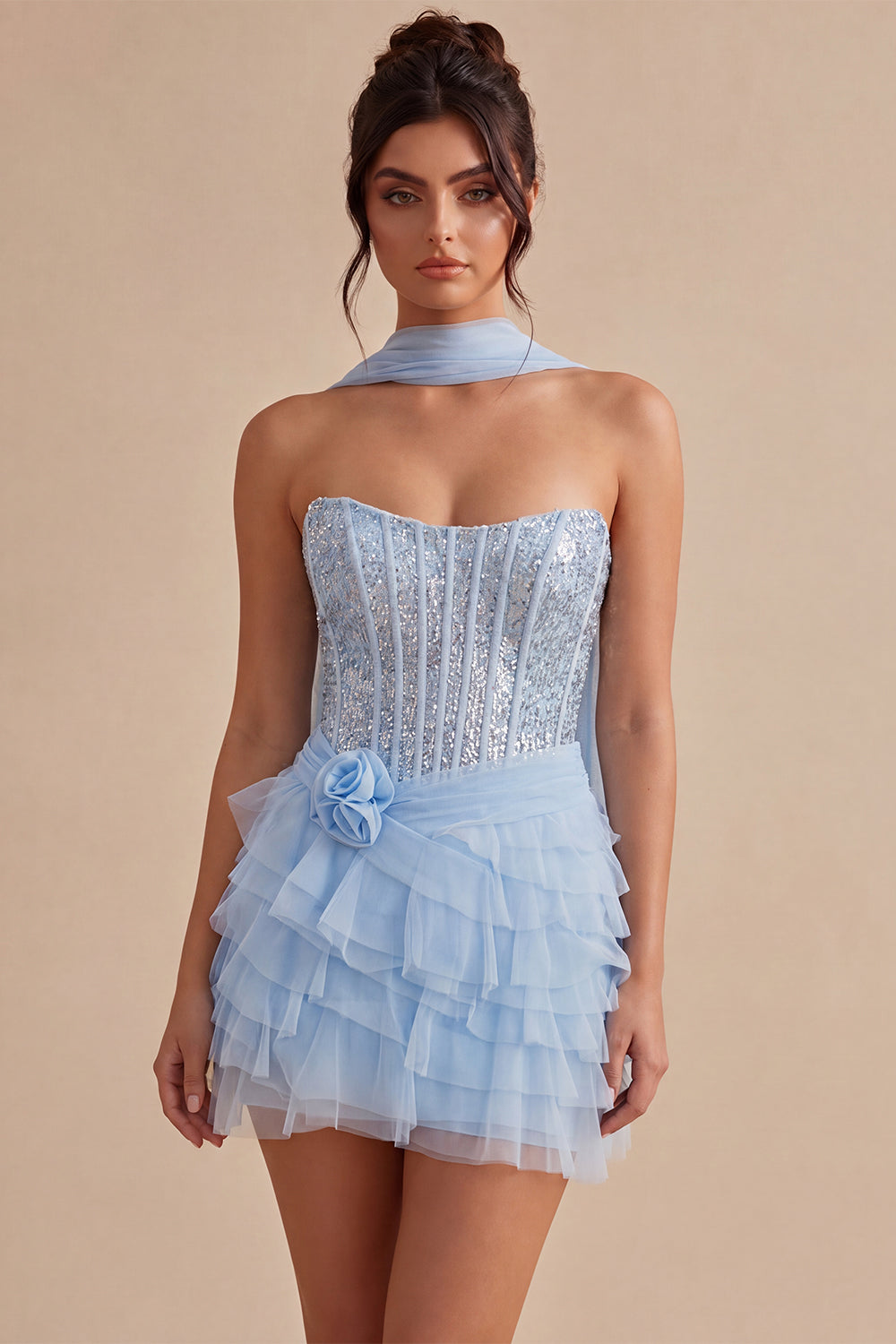 Sky Blue Corset Tiered Sequins A-Line Strapless Homecoming Dress with Neck Scarf